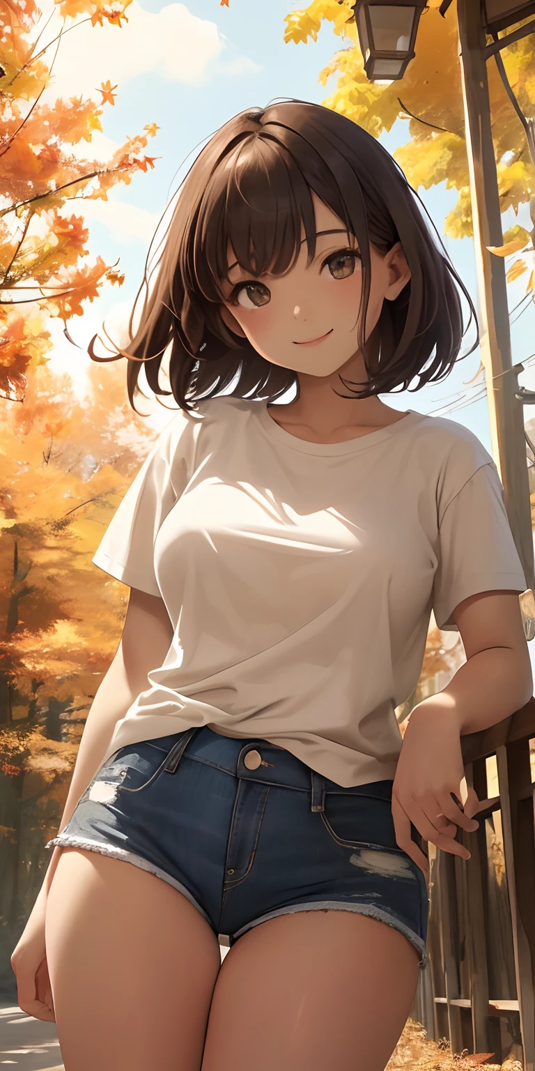top-quality、Top image quality、masterpiece、 girl、skin gloss、Sideways view、Buttock emphasis、Dynamic super close-up looking up from below with slightly larger breasts、Slightly thicker emphasis on the thighs、Beige T-Shirt Denim Shorts、Bare legged、Face Real、Face smile、Autumn foliage、Versatile sexy poses