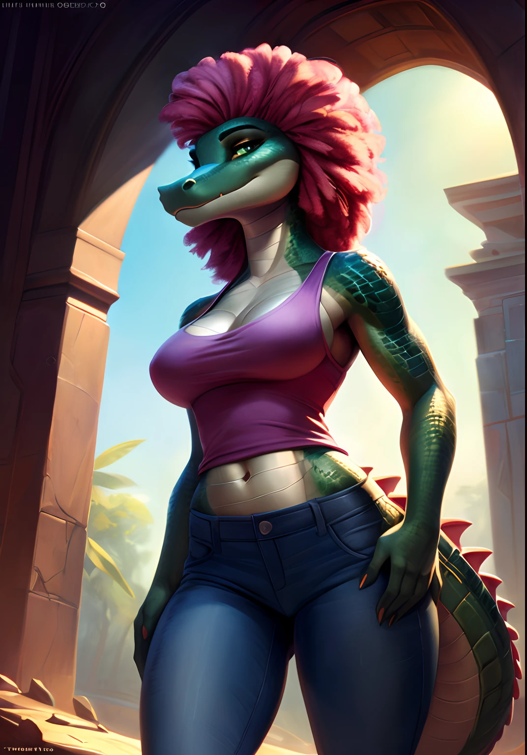 Uploaded on e621, by Pixelsketcher, by Bayard Wu, by Thomas Benjamin Kennington , by Einshelm, solo anthro, ((face portrait)), BREAK, ((belly uncovered)), alligator, ((pink tanktop, long jeans)) (detailed Bonifasko lighting), (detailed scales), (detailed skin), (light green alligator, light green alligator, light green alligator), BREAK, ((pink tank top, long jeans)), ((eye shadow)), ((SFW)), ((tail)), ((pink afro)), ((facing viewer)), (cinematic lighting), ((detailed background)), ((face portrait view)), (((face view))), (half body shadow), [backlighting], [crepuscular ray], [detailed ambient light], [gray natural lighting], [ambient light], (higher wildlife feral detail), [explict content], [sharp focus], (questionable content), (shaded), ((masterpiece), pink afro hair, medium scales breasts, breasts, furry light green alligator, alligator face, furry Fantasy Art, furry Art, Commission for High Res, anthro Art, Art,Sakimichan beautiful, masterpiece, medium breasts, best quality, detailed image, bright colors, detailed face, perfect lighting, perfect shadows, perfect eyes, girl focus, alligator eyes, flawless face, big breasts, face focus, ((long thick colorful tail)) alligator, alligator girl, scales, scales woman, alligator nose, large long muzzle, pink afro hair, colorful scales, gaze at the viewer, half-closed eyes, 1girl, solo, (masterpiece), (best quality), (illustration), (cinematic lighting), long hair, detailed scales, balanced coloring, global illumination, ray tracing, good lighting, scales, anthro, showing breasts, cleavage, looking at viewer, seductive look, SFW