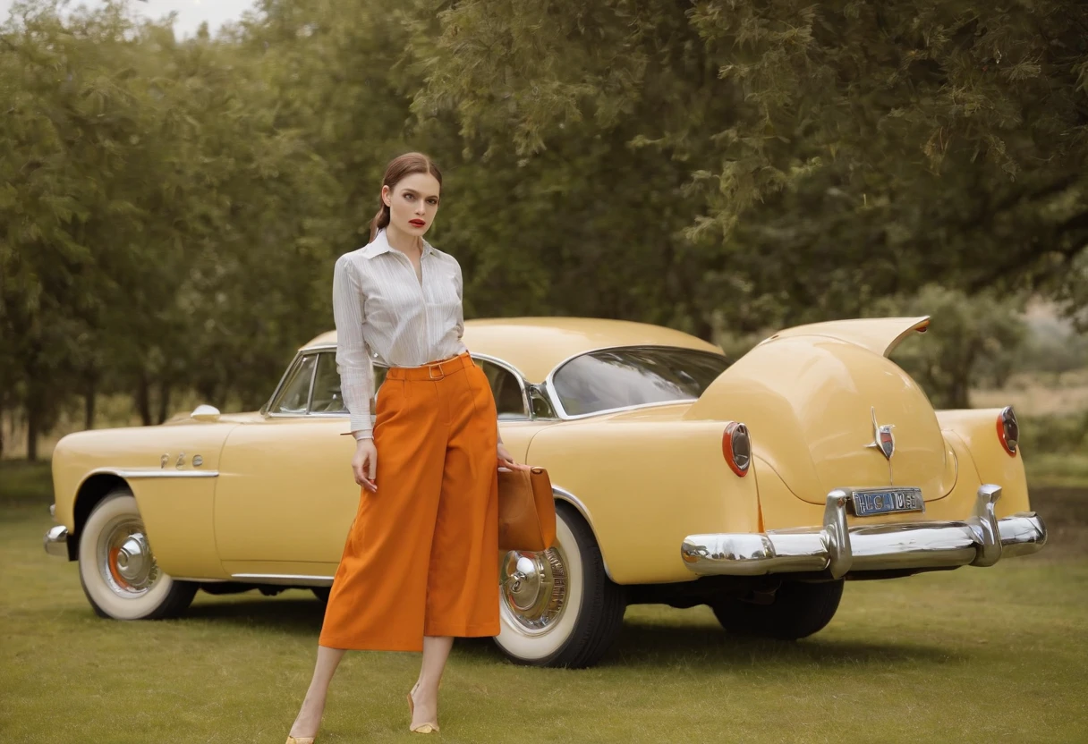 Woman in striped shirt and orange pants standing in front of the car, Vintage 6 0 s stylish, 1950s vibes, Core year 1 9 5 0 seconds, dressed like in the 1940s, Style 5 0 s, 50s style, Vintage style 5 0 seconds, director: Alan Lind, 60s style, (flying cars)), greg rutkowski octane render, Octane CG Society Vintage Future, high fashion photography, vogue italy, futuristic yellow lens, fashion editorial, Shot on a Hasselblad H4D 200MS digital camera, (((Ultra photo realsisim))), (((超詳細))), nature photo, filmed on a professional camera, American hackers, hdr, 16k,