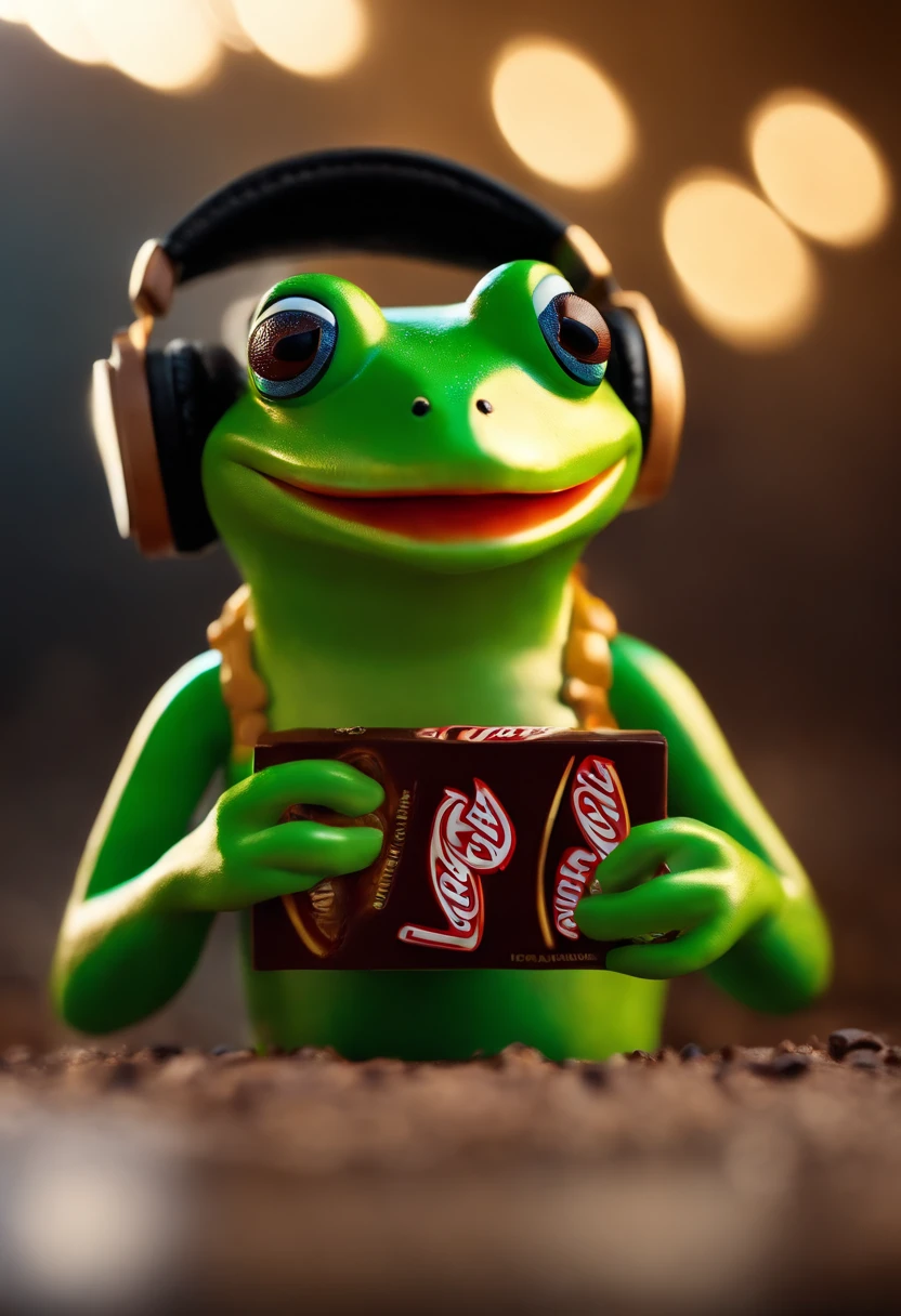 A masterpiece green frog with headphones eating kitkat chocholate, fatness