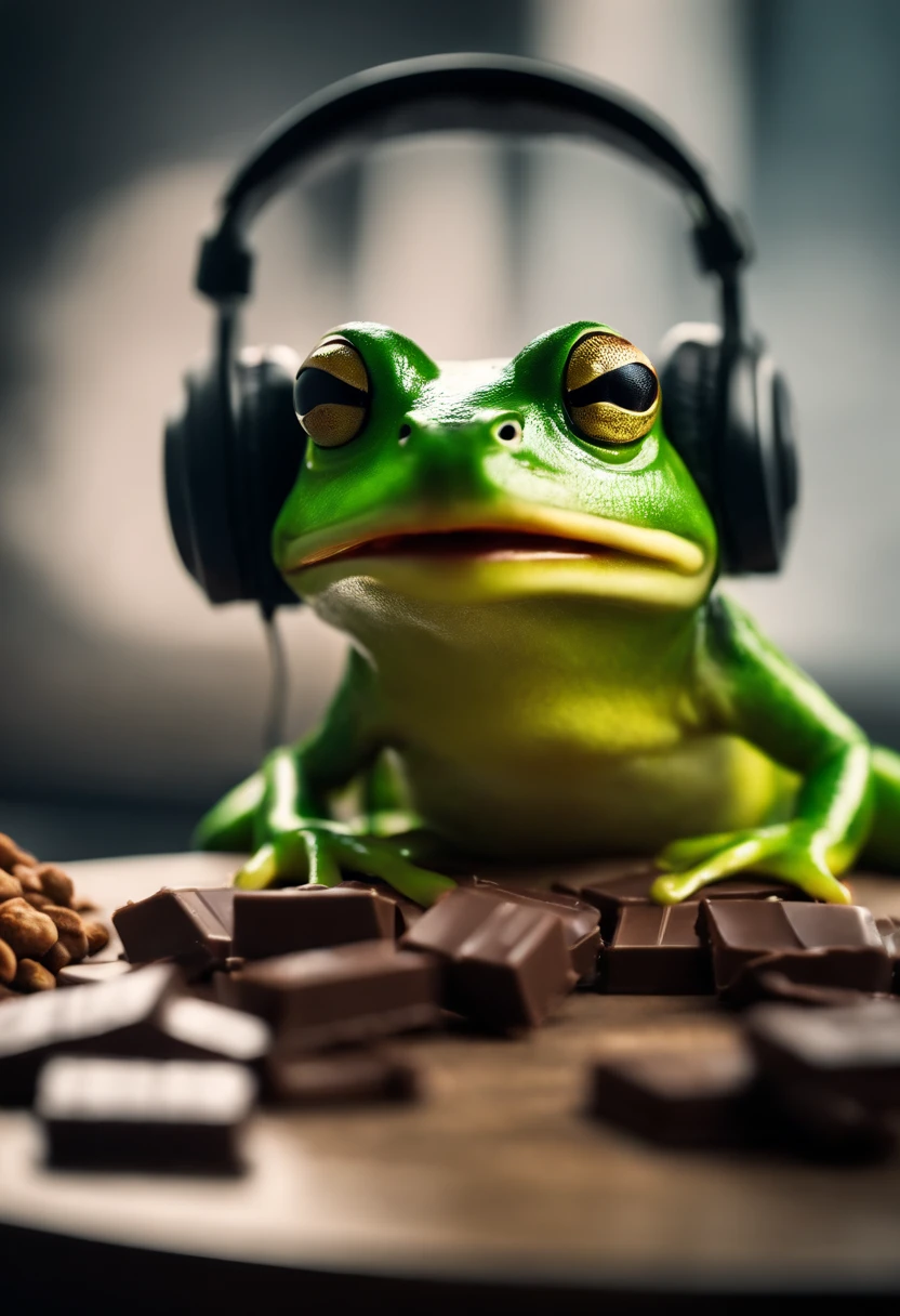 A masterpiece green frog with headphones eating kitkat chocholate, fatness