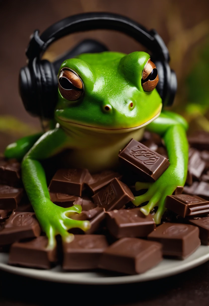 A masterpiece green frog with headphones eating kitkat chocholate, fatness