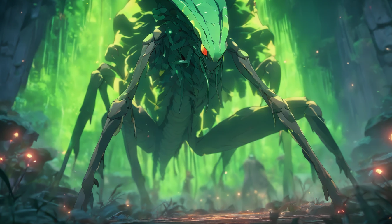 A full-body shot of a mantis-human hybrid invading a dungeon, with eight legs, eerie and bloody. The creature is in a fierce battle, set in a dark underground cave. The scene is depicted in a realistic style, with extreme attention to detail. The facial features of the creature are carefully portrayed, capturing the realistic texture of its skin. The overall style is dark, with depth of field and high contrast highlights. The lighting is realistic, with ray tracing and physically-based rendering. The image is of the highest quality, in 8K resolution, resembling a masterpiece. The level of detail is incredibly fine, accurately representing the anatomy of the creature. The eyes are sharp and focused, with blurred backgrounds.