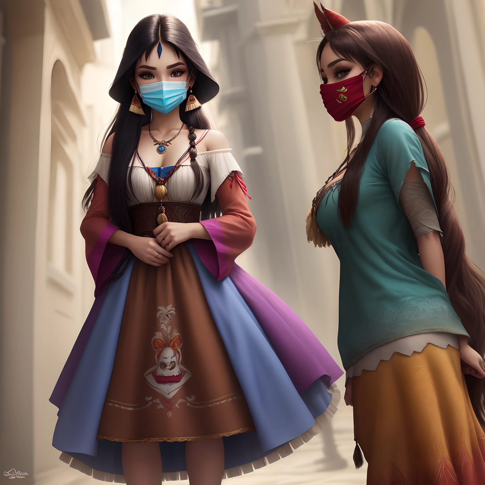 Pocahontas vestida com roupas normais e modernas, um piercing no nariz, and a mask in your eyes