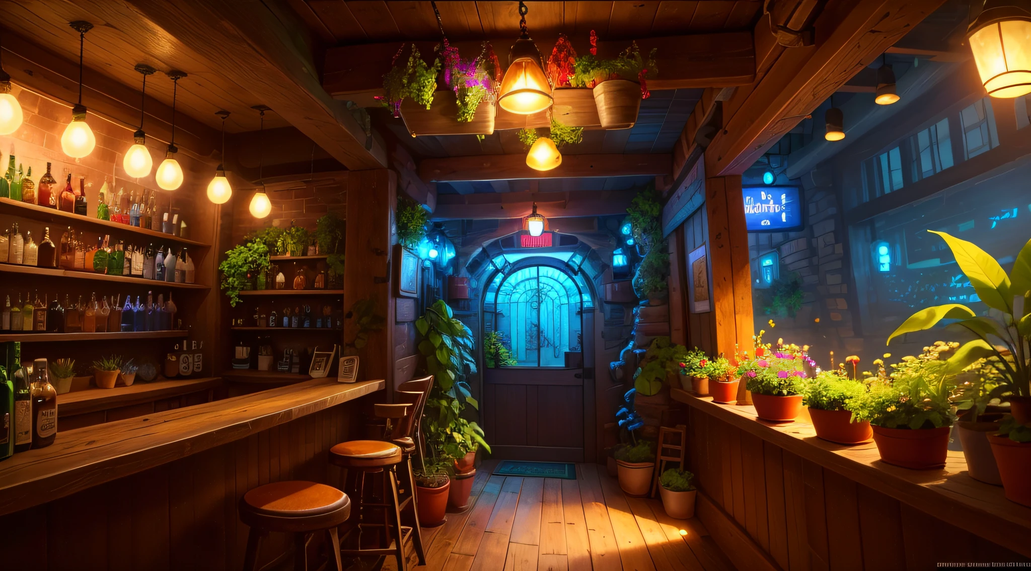 there is a bar with a lot of plants and bottles on the shelves, dimly-lit cozy tavern, dimly lit dive bar, dimly lit cozy tavern, cozy cafe background, inside a bar, pleasant cozy atmosphere, colorful concept art, highly detailed digital painting, lush foliage cyberpunk, a multidimensional cozy tavern, cyberpunk garden, dreamy colorful cyberpunk colors, masterpiece, high resolution, window, stunning