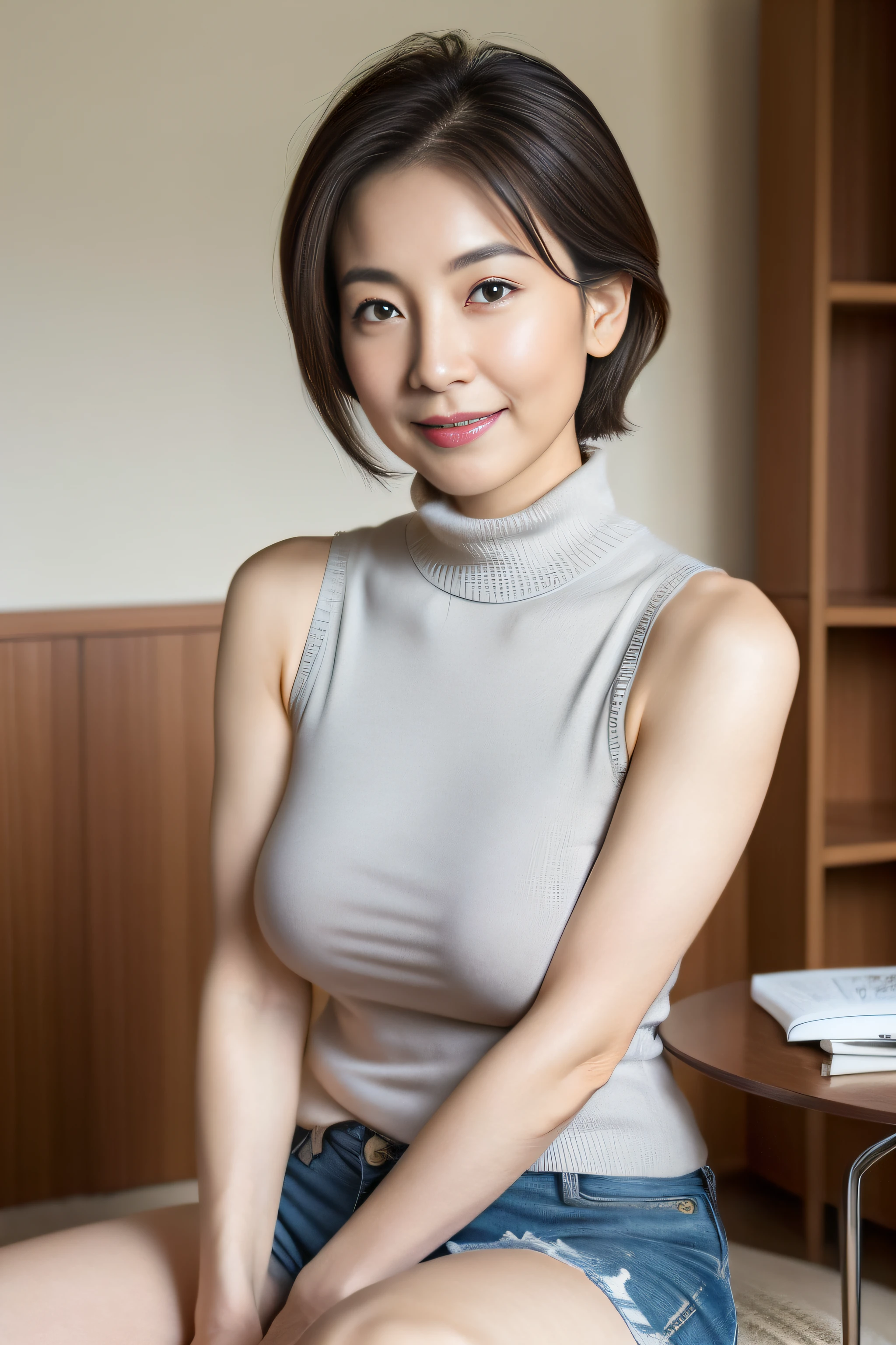 japanese mature, (Solo), 50 years old, (Wrinkles at the corners of the eyes:1.2), Large breasts, A MILF, glamor, A sexy, Chromo-white skin, Looking at Viewer、Super large udder、Wearing a sleeveless turtleneck knit、Tight Fit Knitted Dresses、Muchimuchi、Black pantyhose、high-heels、ssmile、Public places、legs crossed