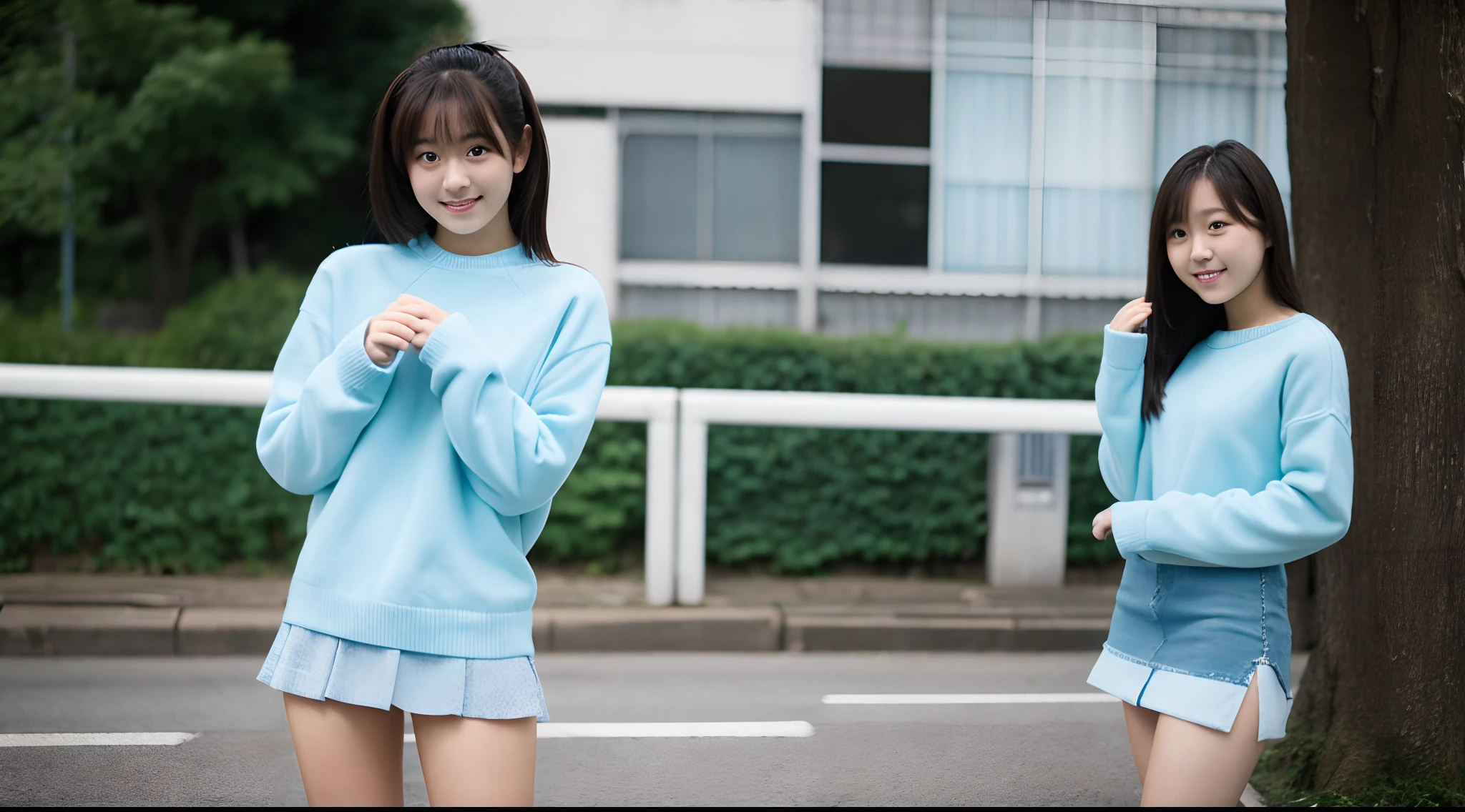 18-year-old cheergirl in a light blue miniskirt