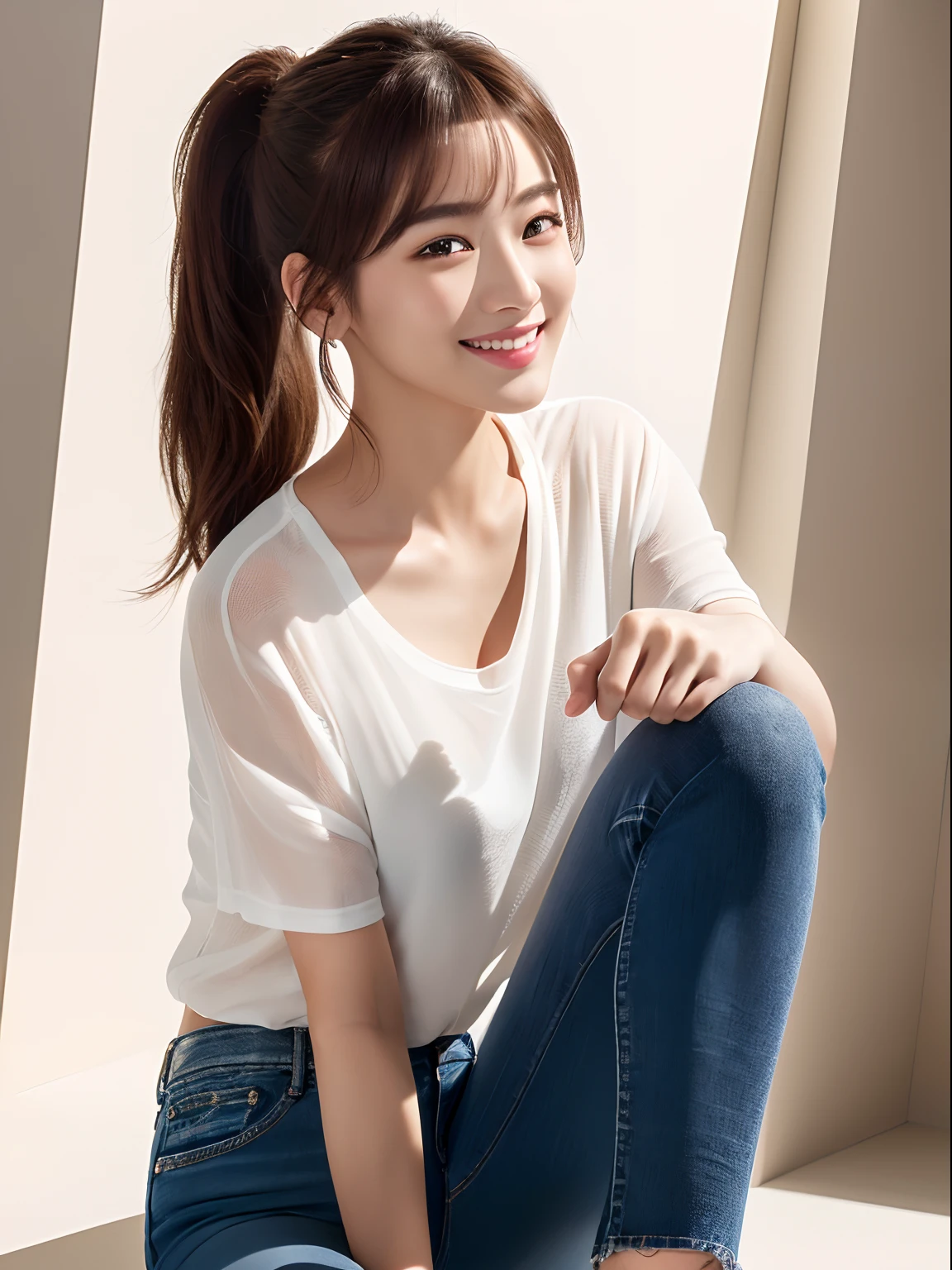 master piece,8k,(master piece,photorealistic:1.5),(master piece,ultra high resolution:1.5),(master piece,best quality,ultra detailed:1.5),
full body,beautiful girl,light smile,ponytail,jeans,