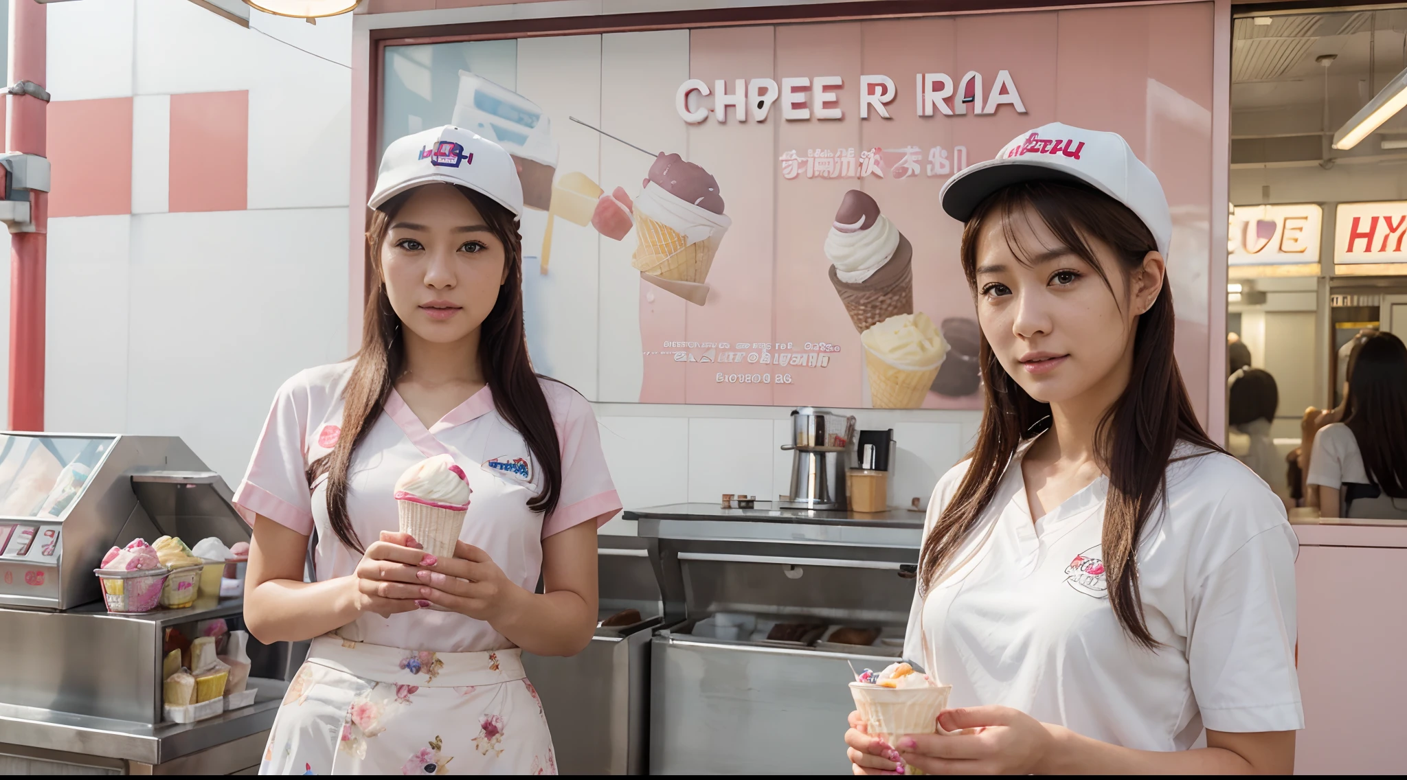 (Best Quality, 8k), (photo realistic:1.4), (hyper realistic:1.4), (realistic:1.3), Part-time job at an ice cream shop, girls, Japan Women, Holding ice cream, The hat,