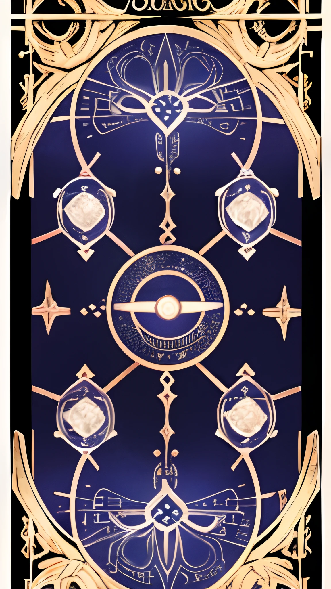 oblong(512×768)in the(Back of Tarot Cards)Please generate a design。Card(In the center is a magic circle of six-pointed stars.、Put the eye of truth in its center。)Surround the magic circle with the cycle of the phases of the moon、Color the whole thing in a darker ivy color.。Moreover、Diamonds of playing cards in the four corners、heart、club、spade、(Place a metallic and sharp frame design。)At last、Make sure that the design is the same even if it is flipped upside down。
