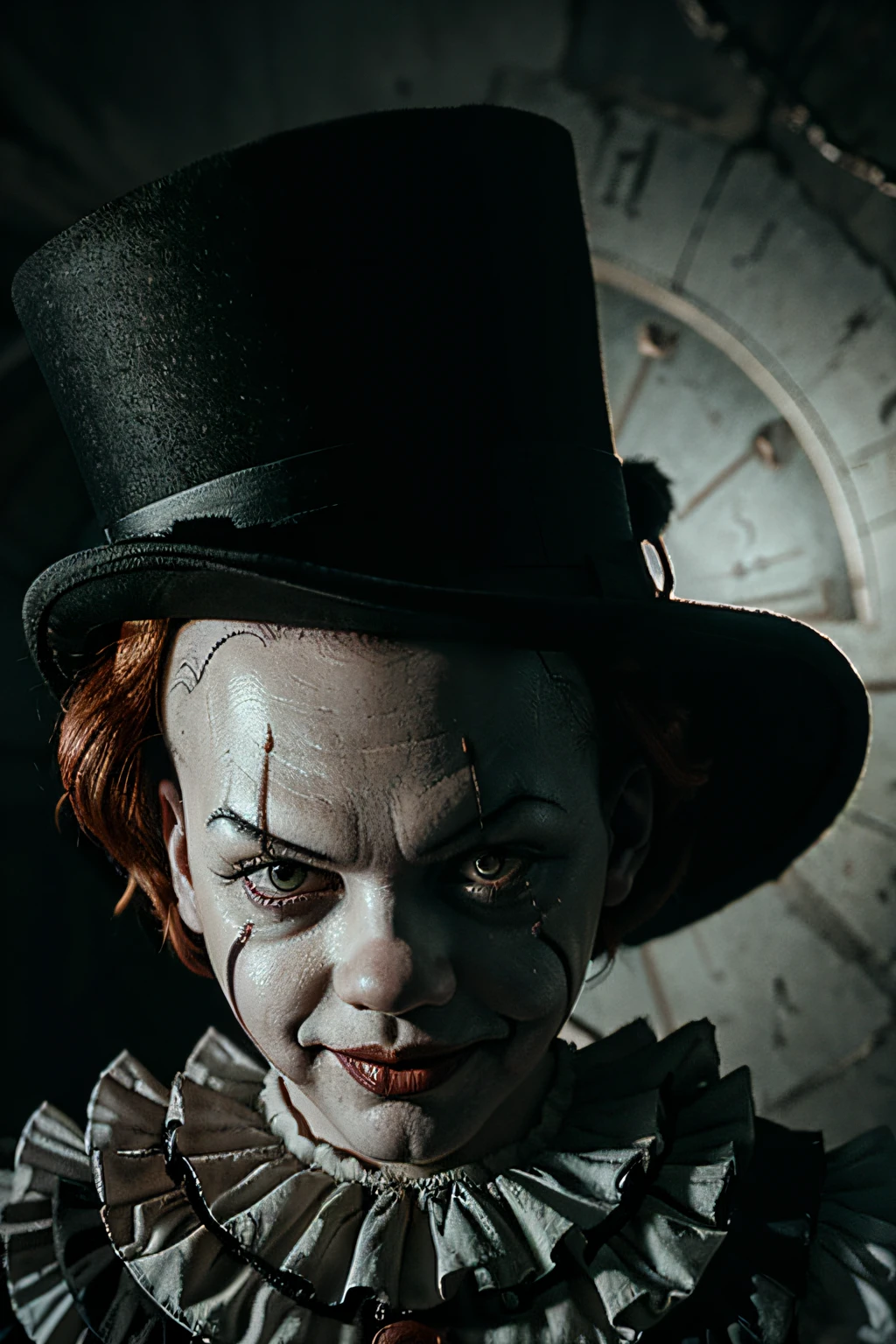 pennywise with top hat ultra realistic scary background
