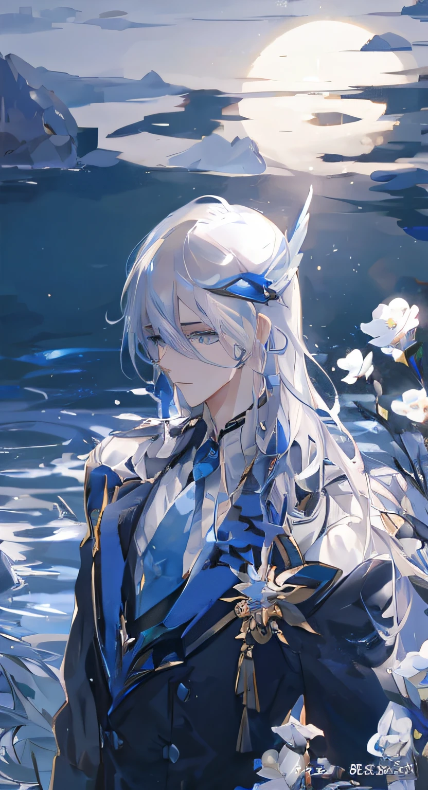 anime figure，Long white hair and blue eyes stand in front of the body of water, Beautiful androgynous prince, Delicate androgynous prince, Navillette from Genshin Impact, Handsome prince, Inspired by Bian Shoumin, white-haired god, heise jinyao, Inspired by Huang Shen, water dragon，Full body photo，Evil eyes, in the palace, gorgeous background, full body photo, HD 4k