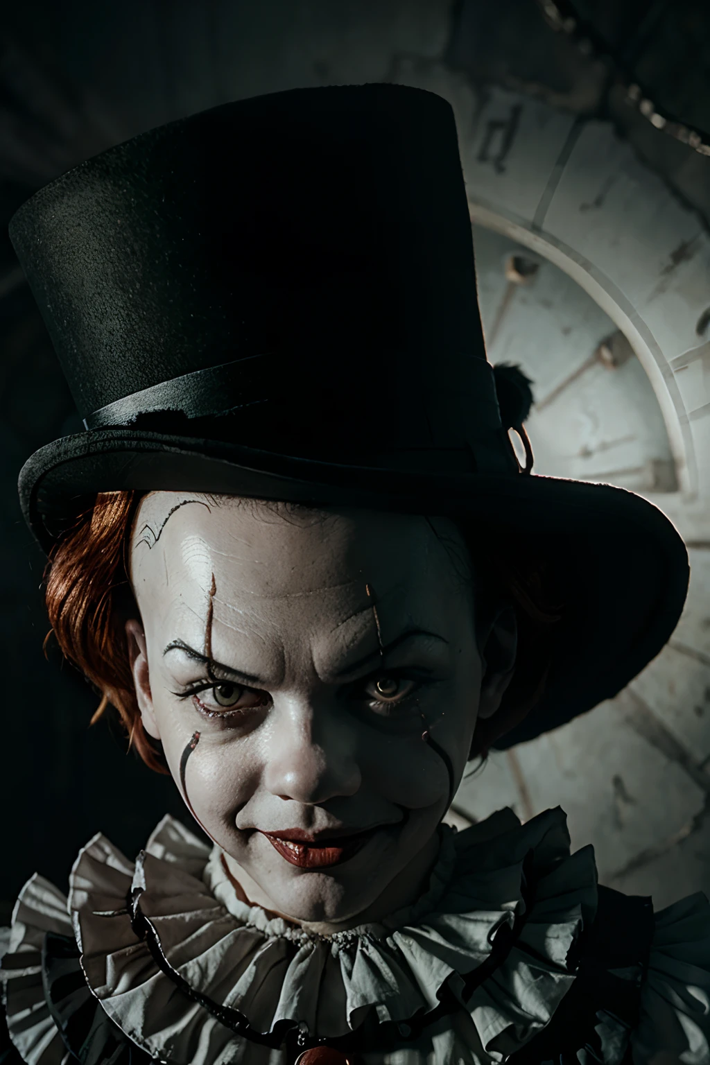 pennywise with top hat ultra realistic scary background
