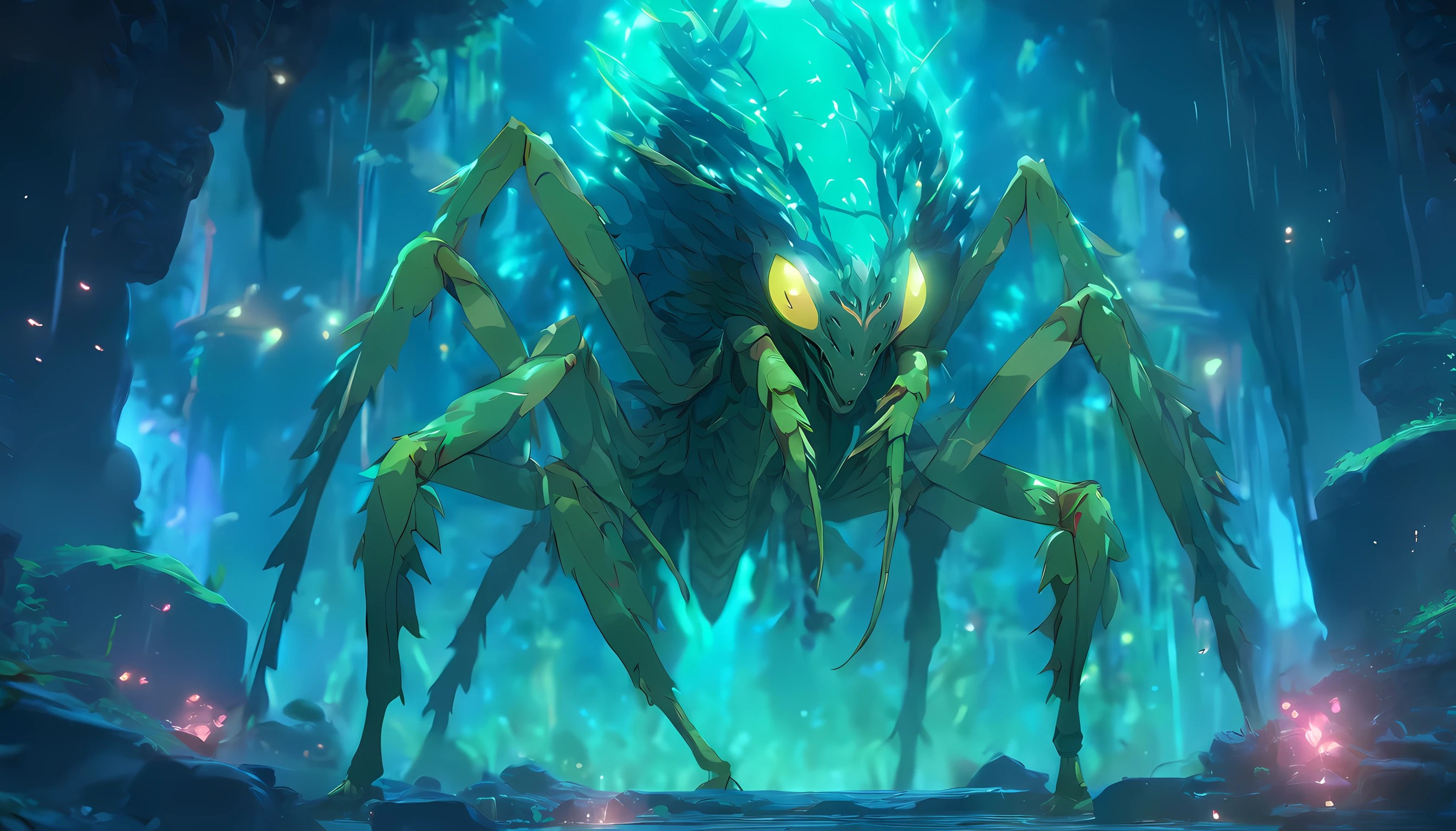 A full-body shot of a mantis-human hybrid invading a dungeon, with eight legs, eerie and bloody. The creature is in a fierce battle, set in a dark underground cave. The scene is depicted in a realistic style, with extreme attention to detail. The facial features of the creature are carefully portrayed, capturing the realistic texture of its skin. The overall style is dark, with depth of field and high contrast highlights. The lighting is realistic, with ray tracing and physically-based rendering. The image is of the highest quality, in 8K resolution, resembling a masterpiece. The level of detail is incredibly fine, accurately representing the anatomy of the creature. The eyes are sharp and focused, with blurred backgrounds.