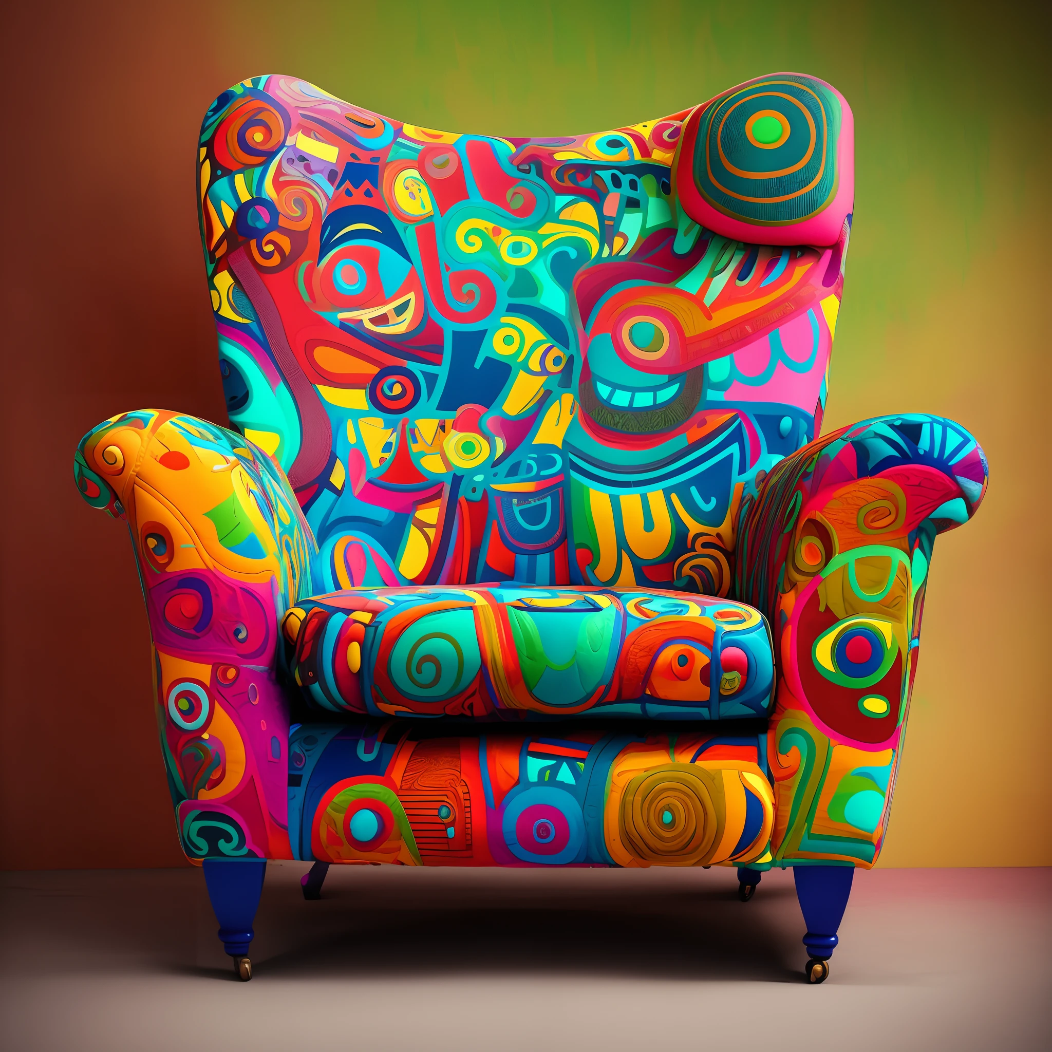 brightly colored chair with a colorful design on it, funky furniture, inspired by Tim Biskup, whimsical and psychedelic, monster graveyard chair, armchair, inspired by Pierre Alechinsky, bold and colourful, inspired by Paul Feeley, armchairs, portrait shot, 6 0 s chair, inspired by Wes Wilson, cozy arm chairs, maximalist sculpted design, hand - painted