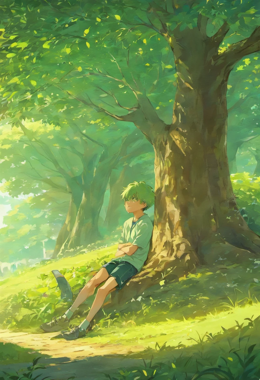 A boy relaxing under a tree