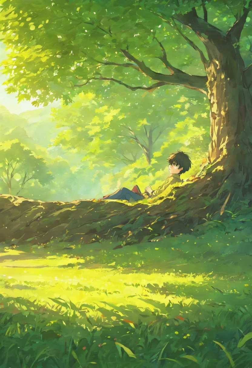 A boy relaxing under a tree