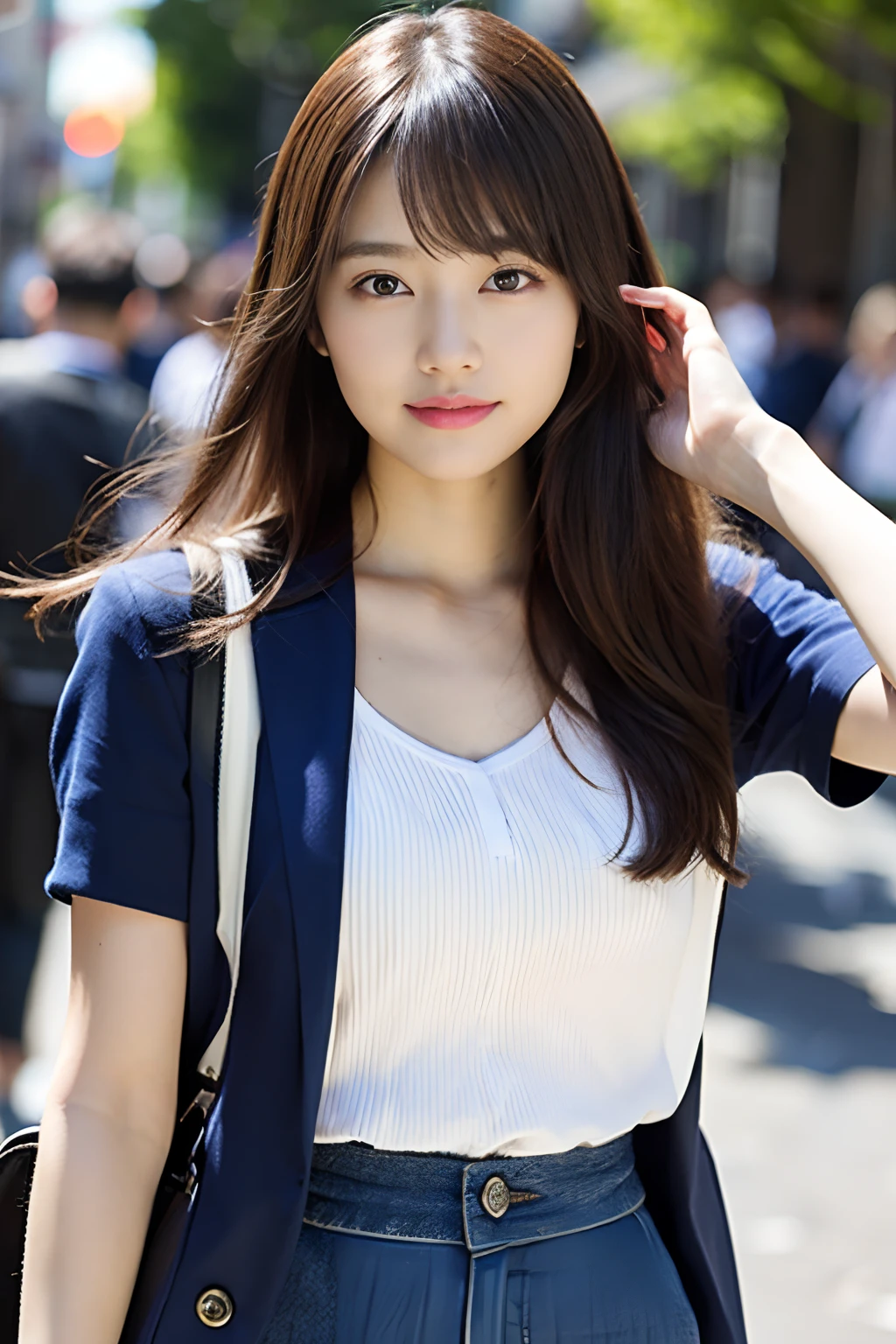 (8K、Raw photography、top-quality、​masterpiece:1.2)、(realisitic、Photorealsitic:1.37)、ultra-detailliert、超A high resolution、女の子1人、see the beholder、beautifull detailed face、A smile、Constriction、(Slim waist) :1.3)、The shirt、Beautiful detailed skin、Skin Texture、floated hair、profetional lighting、 (Face like an idol), Incredibly absurd, (cuteness: 1.3), bangss、15yo student、student clothes、
