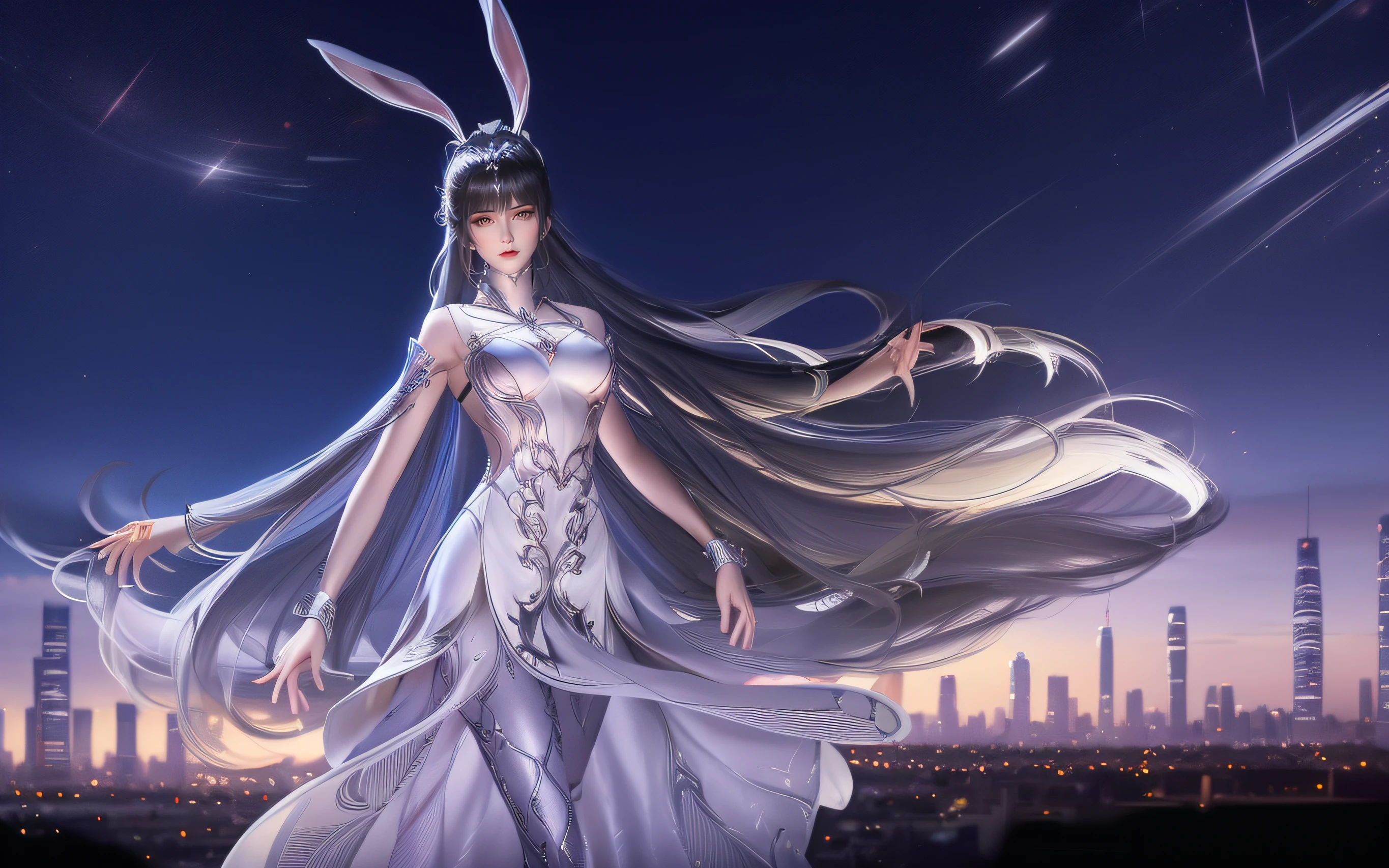 1girl,rabbit ears, long dress, long hair, hair ornament, ponytail, collar, metal collar, shiny, cityscape, night, looking at viewer, mature female, pantyhose, arms behind back, cowboy shot,