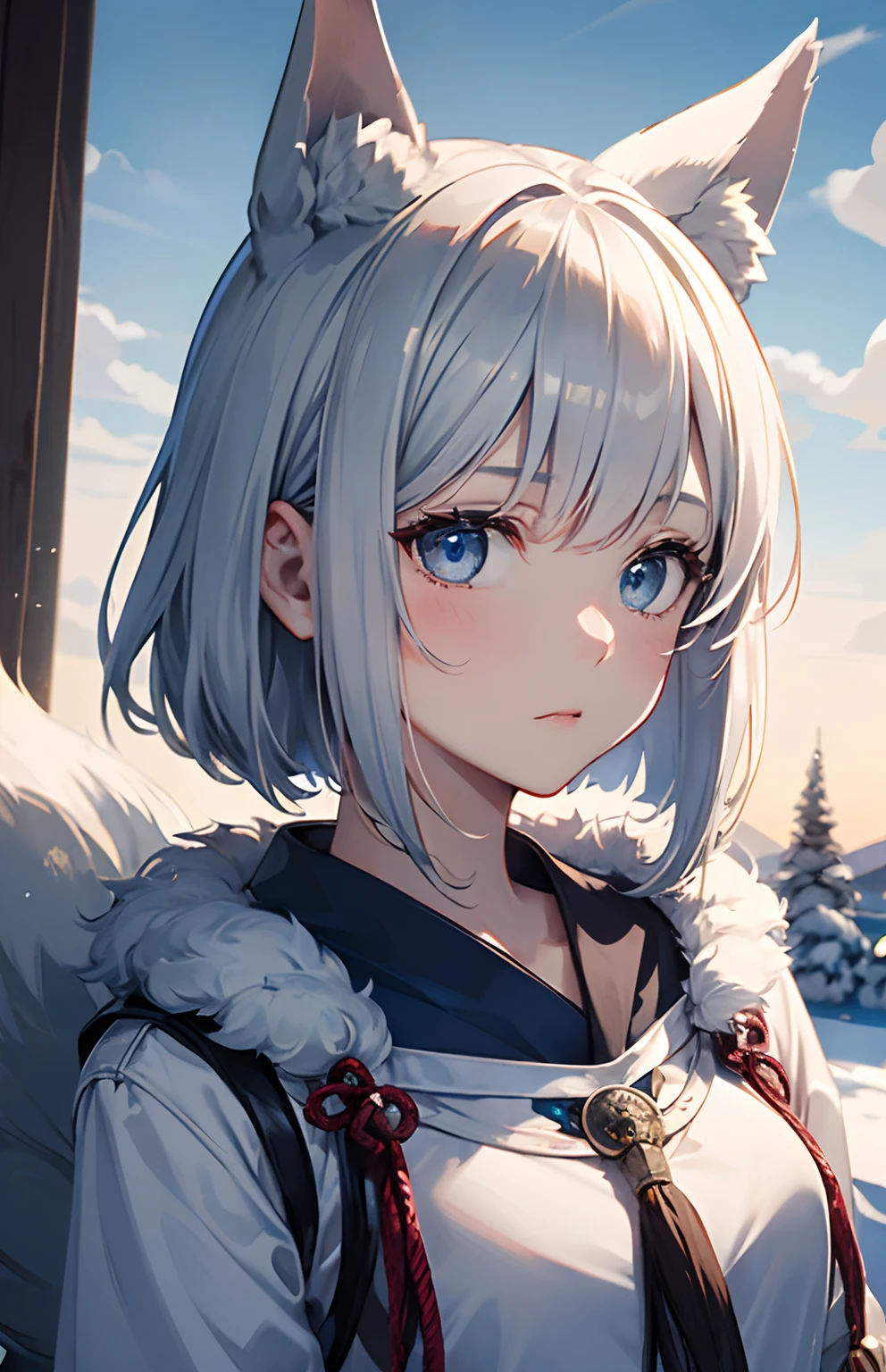 masterpiece,Top image quality,hight resolution,imagem 4k,Raw photo,Photorealsitic,{Solo},s girl,Embarrassment,Silver Short Bob,stare at each other,,Blue eyes,小柄,,Silver fox ears,Fox tail,snowscape,boyish,Ainu,