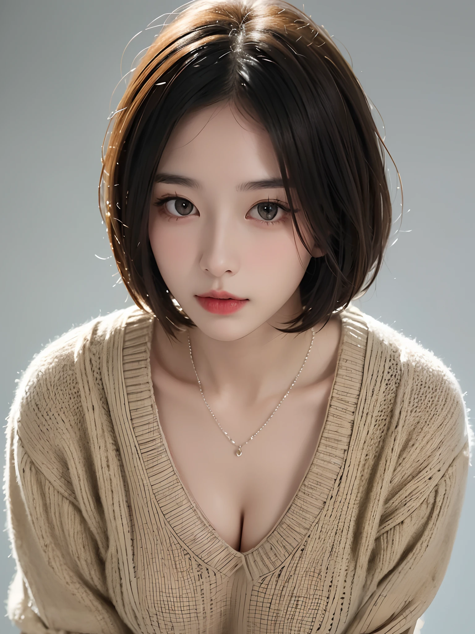 ((Best quality, 8k, Masterpiece :1.3)), 1girl, Pretty woman with slender abs :1.3, (Medium-short hair, Huge breasts :1.2), Cardigan :1.1, Ultra-detailed face, Detailed eyes, Double eyelid