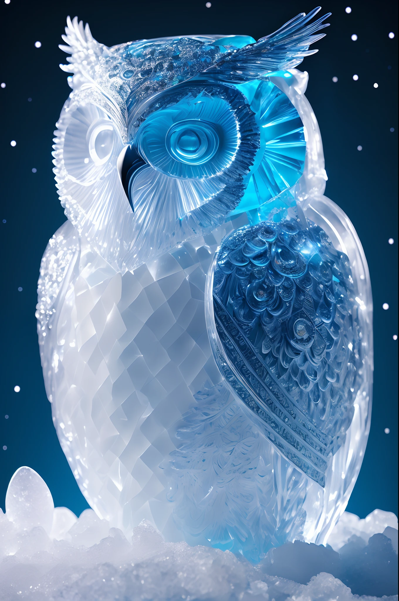 (intricate detailes, Super Detail, Top resolution, Highest Quality, 8K, 16 K, Photoreal), (Owl ice sculpture: 1.4), Moonlight, Midnight, Highly transparent ice, snowscape、,starrysky、nigh sky