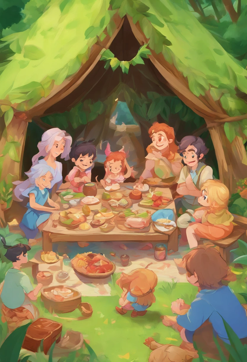 A family pitches a picnic tent in the forest, The air is filled with cheerful laughter and birds singing, kids cartoon, and high rendering