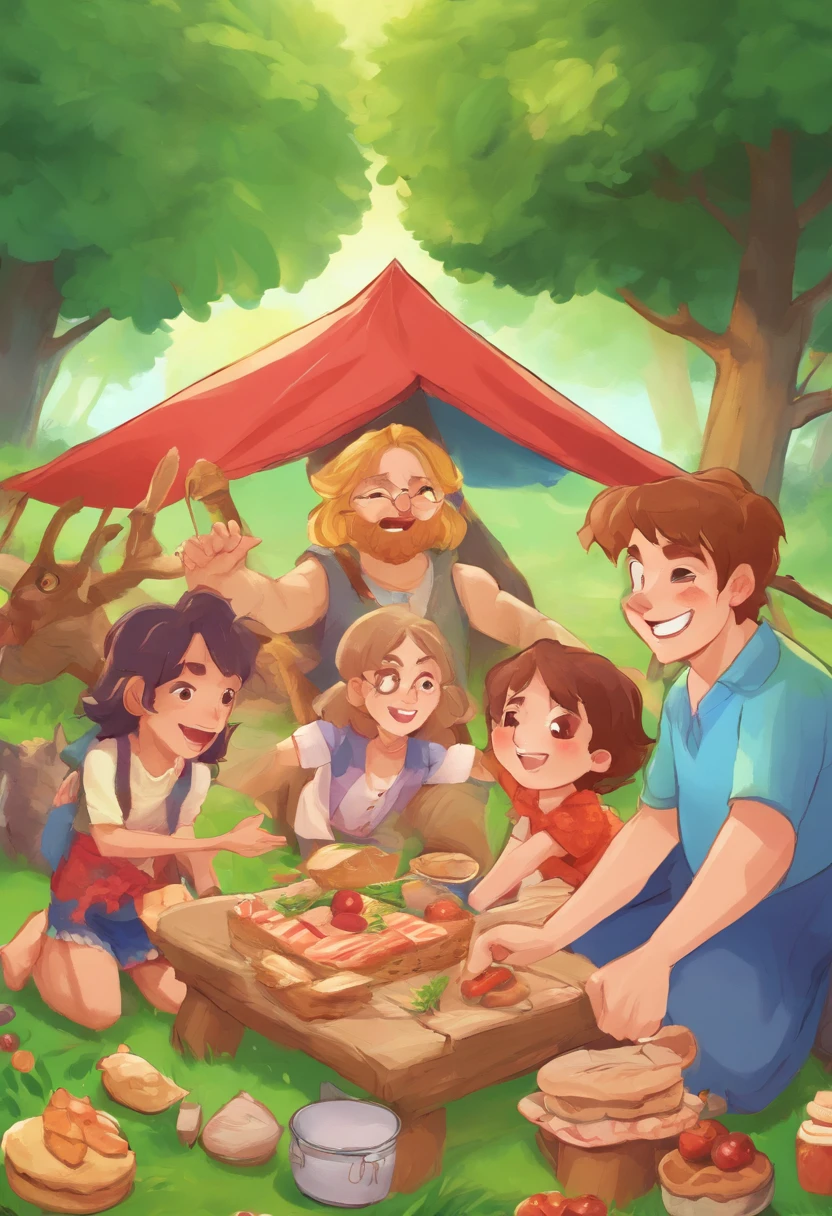 A family pitches a picnic tent in the forest, The air is filled with cheerful laughter and birds singing, kids cartoon, and high rendering