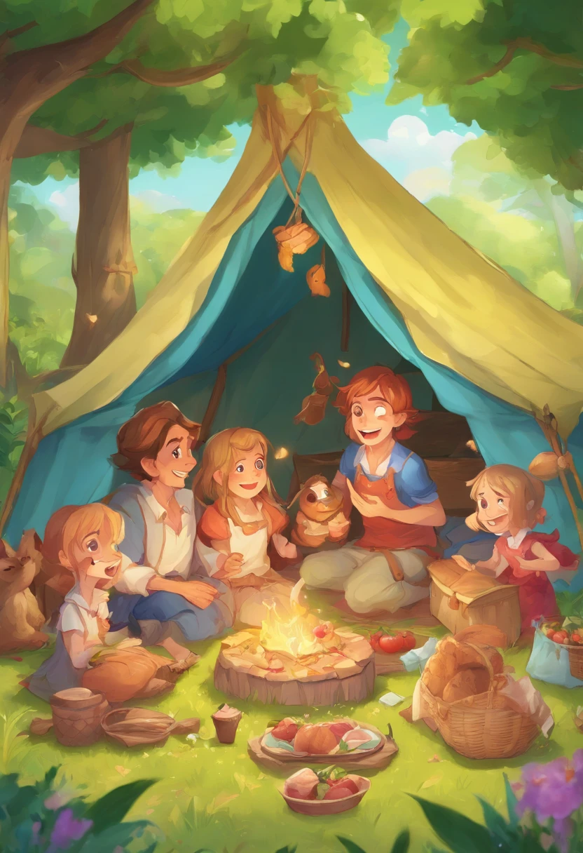 A family pitches a picnic tent in the forest, The air is filled with cheerful laughter and birds singing, kids cartoon, and high rendering