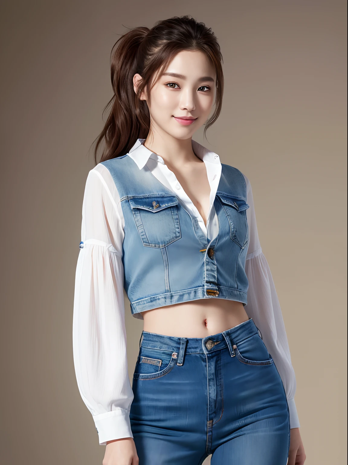 master piece,8k,(master piece,photorealistic:1.5),(master piece,ultra high resolution:1.5),(master piece,best quality,ultra detailed:1.5),
full body,beautiful girl,light smile,ponytail,jeans,