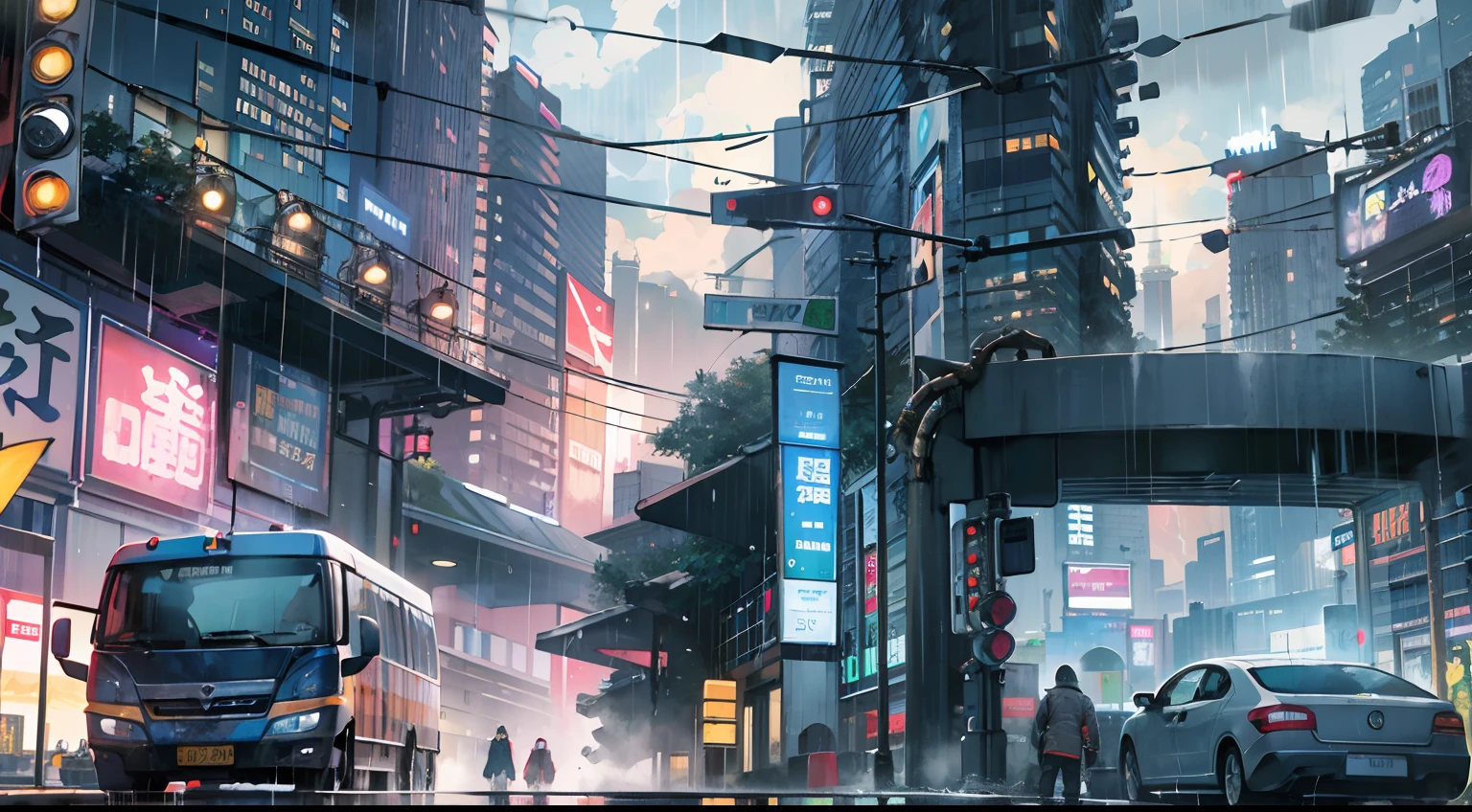 1boys,A 13-year-old boy、Wet body、Cyberpunk boy、The beginning of the adventure、(drench:2)、(Lightning:1.5)、Lots of clouds,Heavy fog、Heavy fog,The chaotic city of the future、Movie dystopia、A group of very tall skyscrapers stands in the center、Very complex cityscape,Crowded Chinese skyscrapers、Signs、the street lights、taxis、the bus、Train、Blue lighting,The Dark Road、Lots of puddles、chaos、Beautiful and fantastic scenery、cinematic scenery、high high quality、masutepiece,8K、A high resolution、