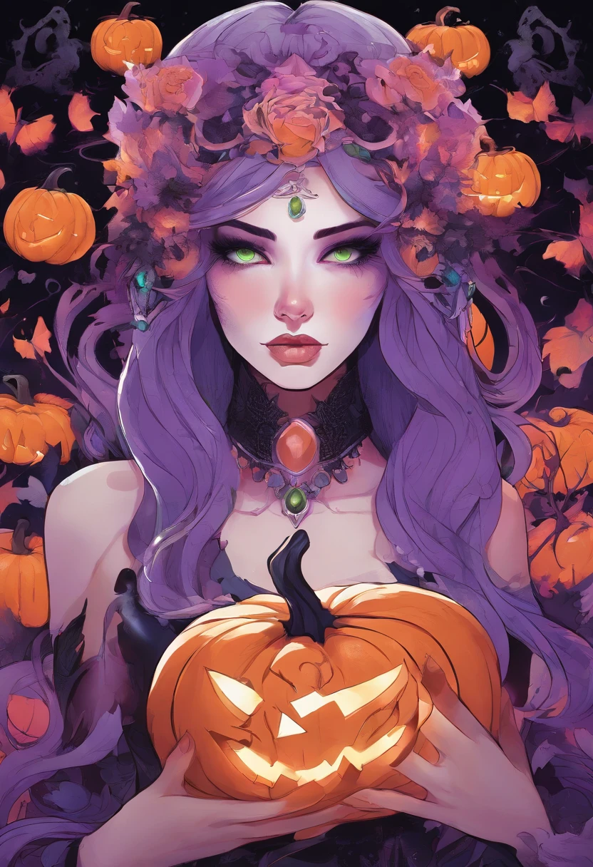 a close up of a woman in a costume with purple hair and purple glowing eyes, glowing green pumpkins, lois van baarle and rossdraws, artgerm and lois van baarle, artgerm and rossdraws, rossdraws cartoon vibrant, beautiful succubus, ross tran style, rossdraws 2. 5, inspired by Ross Tran, halloween art style, extremely detailed artgerm