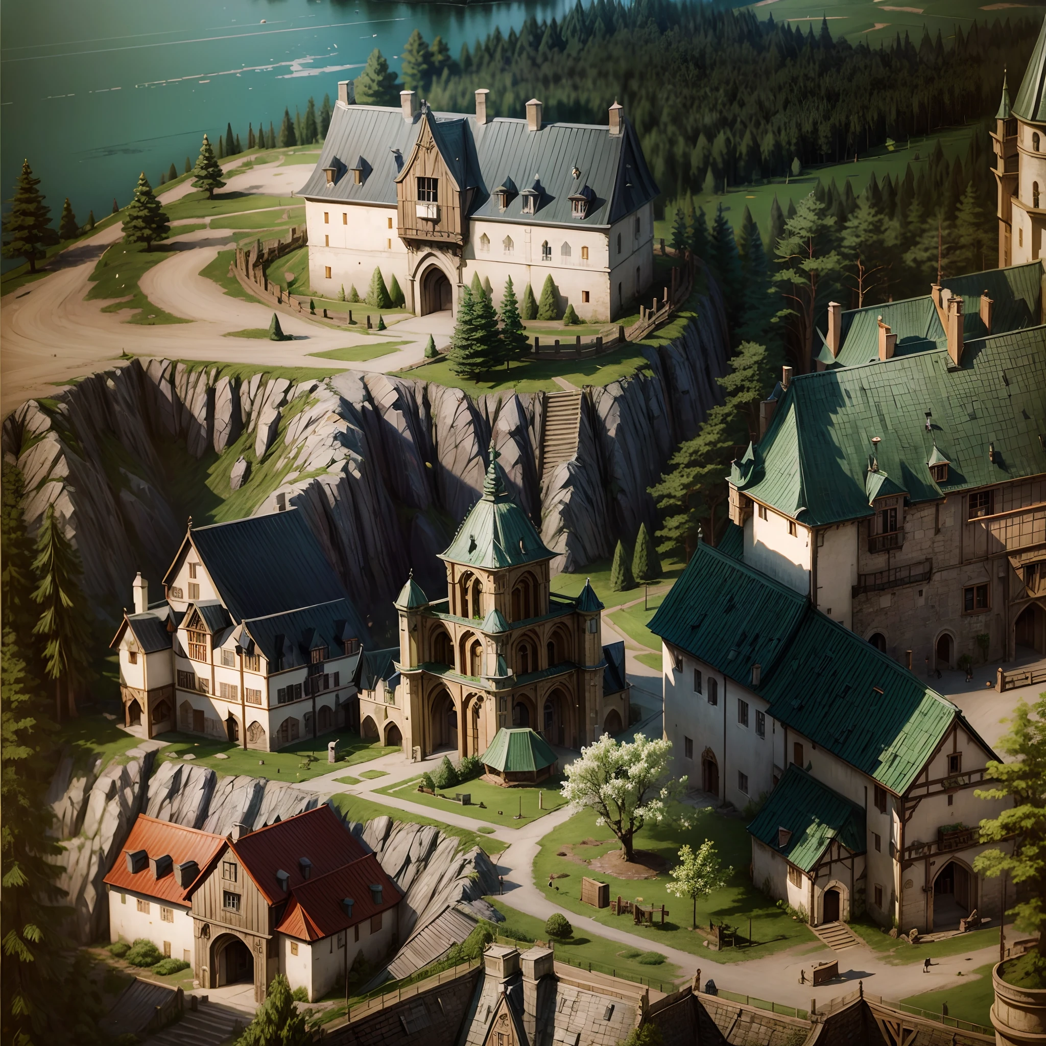 Map of the RPG maker MV, best qualtiy,medieval period,borgar, the street, 2D, (((ln the forest))),lakes,(mont),chies,pylons,Climb ladders,the trees,big trees,ultra - detailed,Aesthetics,tmasterpiece,best qualtiy,Villas,zaun