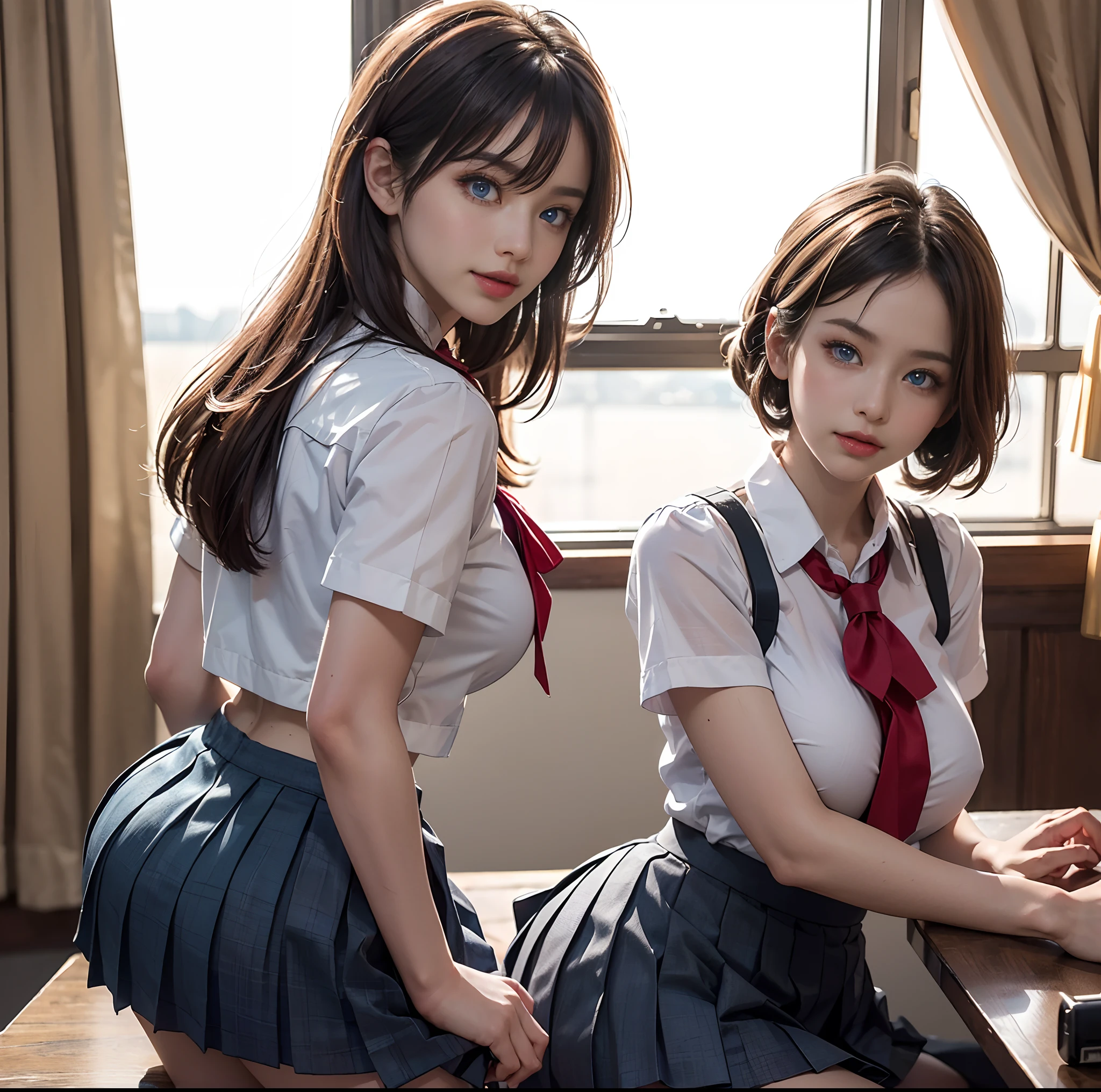 top-quality, ​masterpiece, (Professional lighting without shadows), A hyper-realistic, Bewitching, perfect anatomia, Two girls, (Proudly stand in front of the camera、Girl showing off ribbon tie, Another girl on the other side、Bend over and stick your butt out towards the camera), ( Huge breasts:1.2), Bright and even whitening skin without wrinkles and steps, (Bright beautiful blue eyes with long eyelashes and red tear bags reflected light:1.3)、 Braided half-up hair with bangs, (Her outfit dresses up a cramped schoolgirl uniform that fits the body very short with ultra mini pleated skirt length:1.3), (Proudly showing off a crimson ribbon tie from the front), (Another girl on the other side、To beautifully emphasize the proud ultra mini pleated skirt、Showing off a pose with the buttocks exposed from directly behind:1.2), (Beautiful face squinting in dazzling light), (ssmile), ishiharasatomi