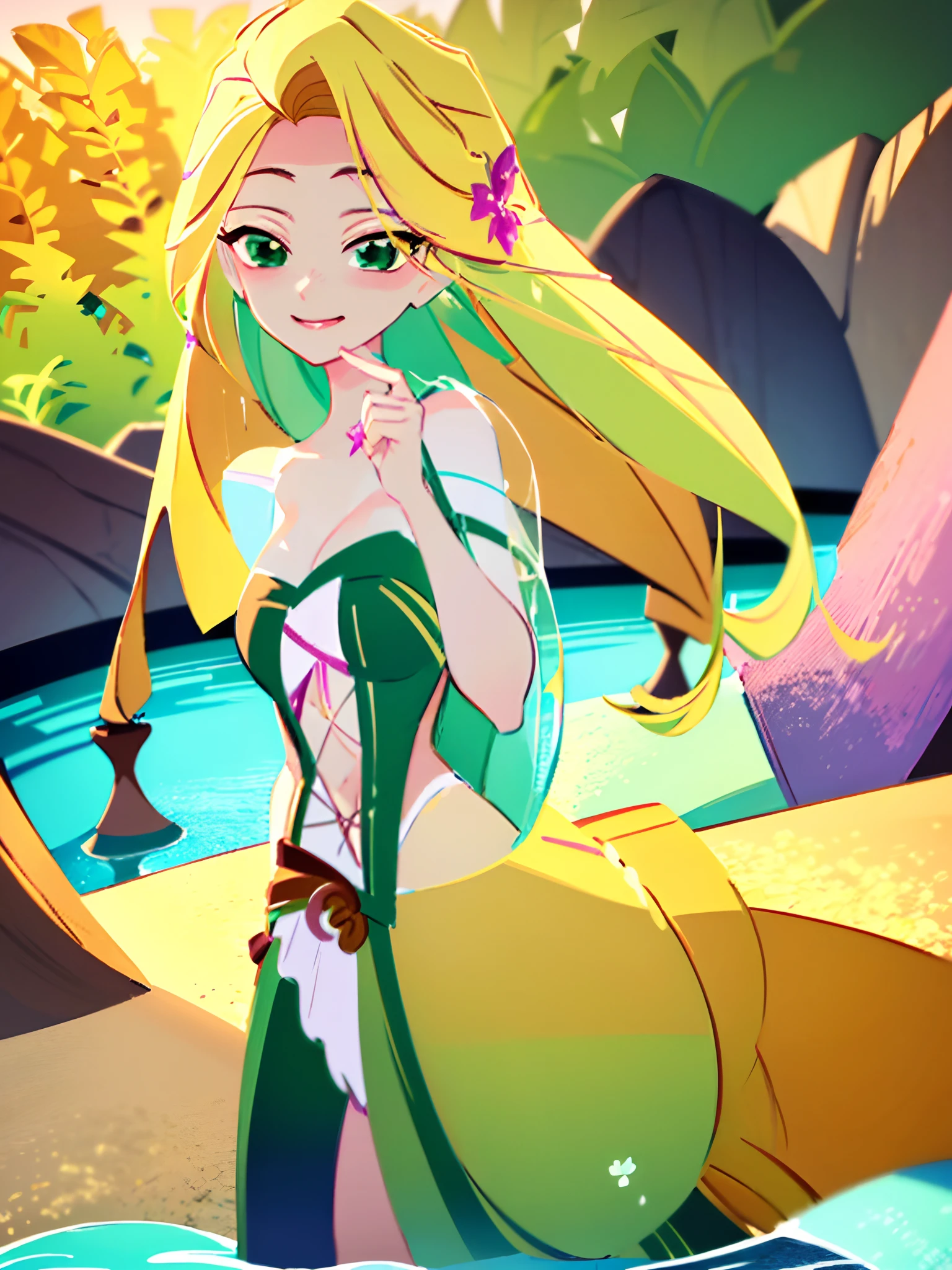 (masterpiece, best quality, high resolution: 1.5) Rapunzel stands up in the pool and kisses the viewer. rapunzel, stands in the pool, Rapunzel kisses viewer, green island outfit, (loose hair: 1.7), great smile, green eyes, close up camera