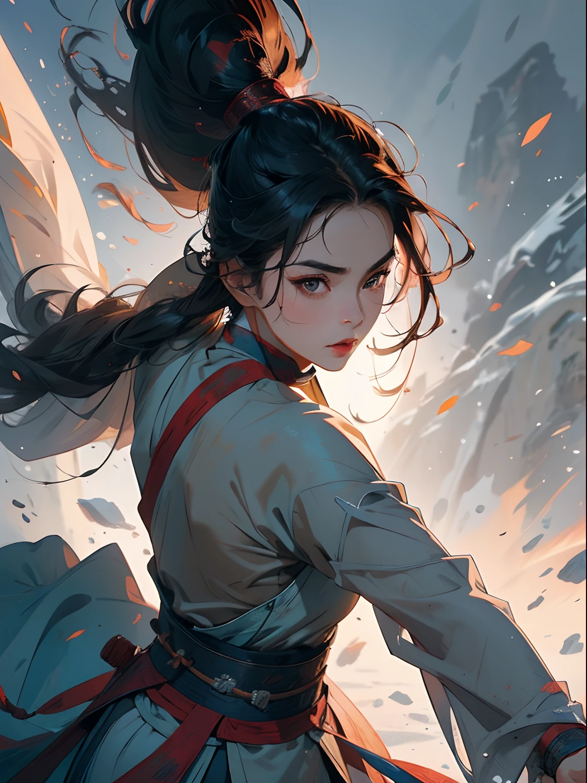 A woman who is,The head of martial arts,Picture of dark brown main tone,Brown costumes,Wuxia woman fighting pose,Upper body portrait,Steady style,hair flowing,The eyes are sharp,The background is the wind and sand of the ancient battlefield,Ultra-clear image quality,8k ultra high definition,Wuxia style ancient costume。