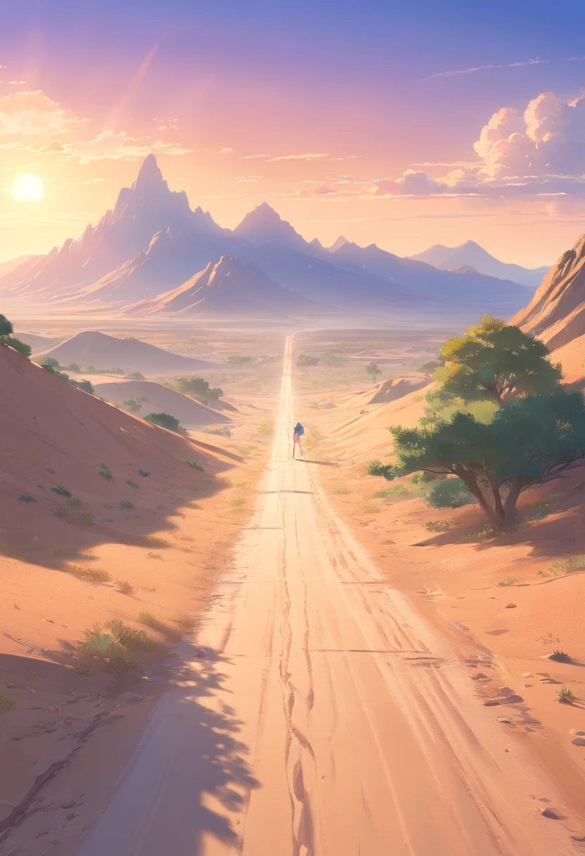 Create a Disney-style 3D illustration of a dusty road in the Judean desert where the incident occurred. Emphasize realism and attention to detail in the environment, incluindo a textura da estrada empoeirada, a paisagem do deserto, and the soft illumination of the sun. Make the scene look immersive and inviting on a mountain