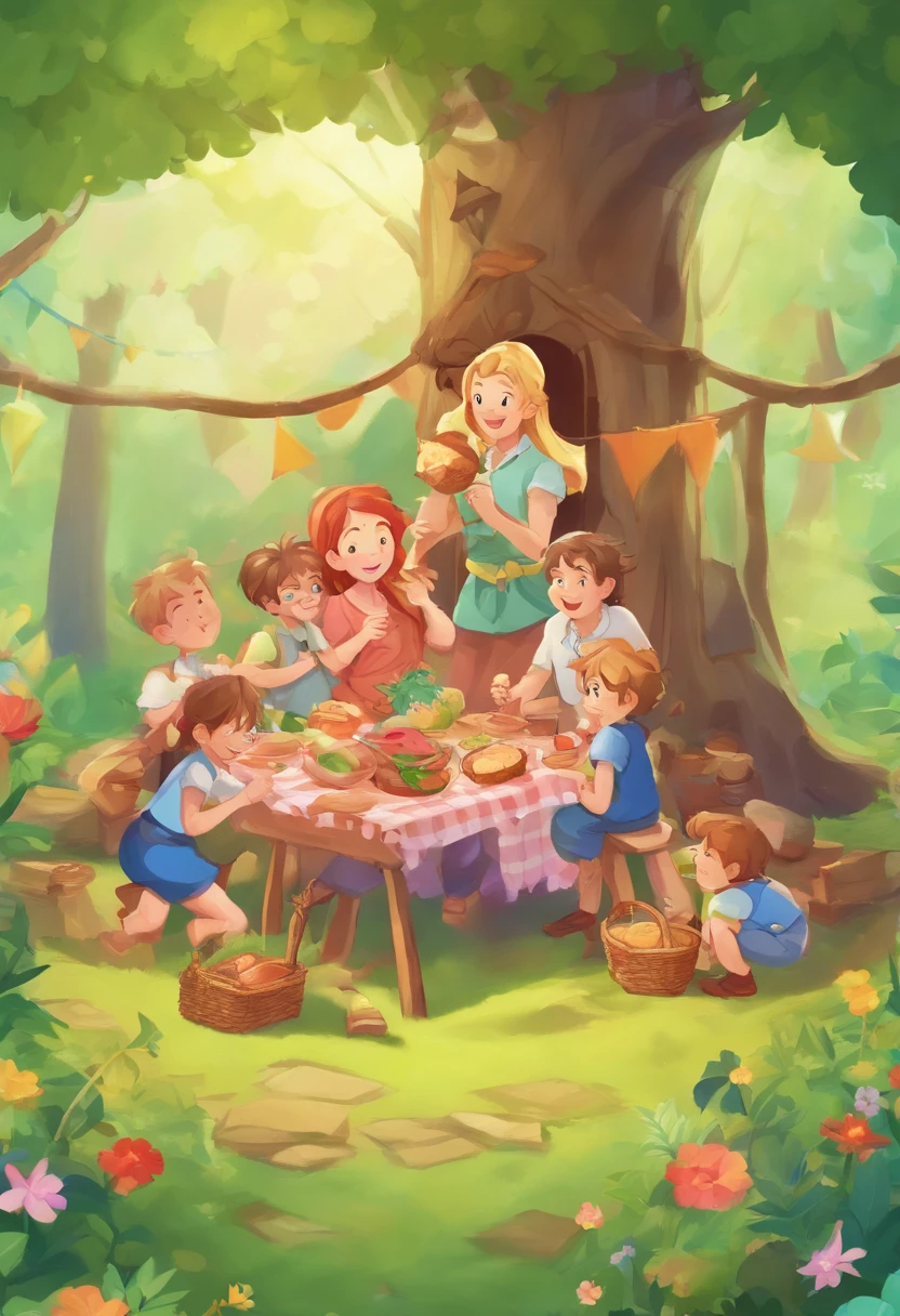 A family pitches a picnic tent in the forest, The air is filled with cheerful laughter and birds singing, kids cartoon