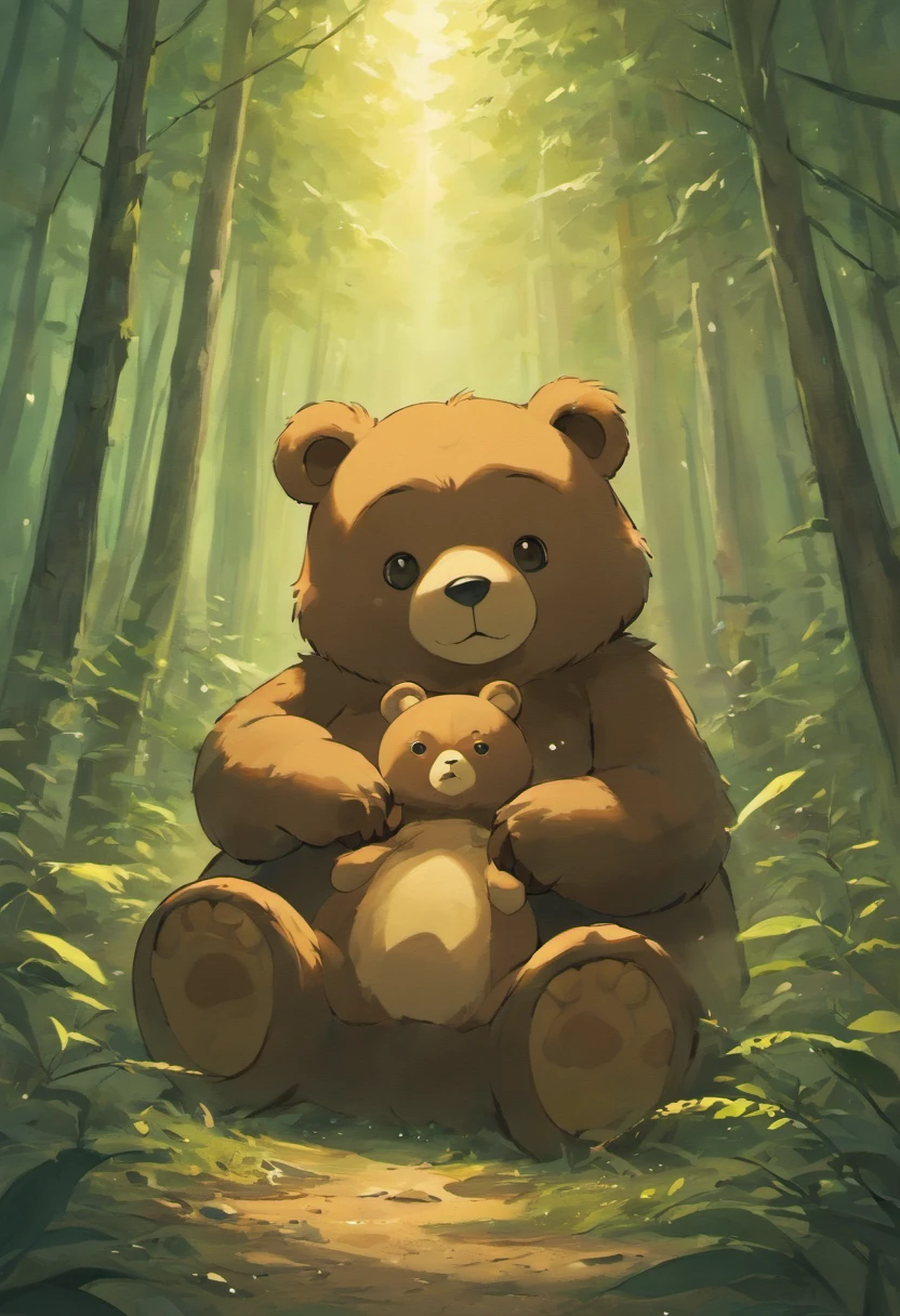 Create a realistic brown teddy bear painting, Ted Style, Handmade drawings,shadowy, In the forest with magic balls