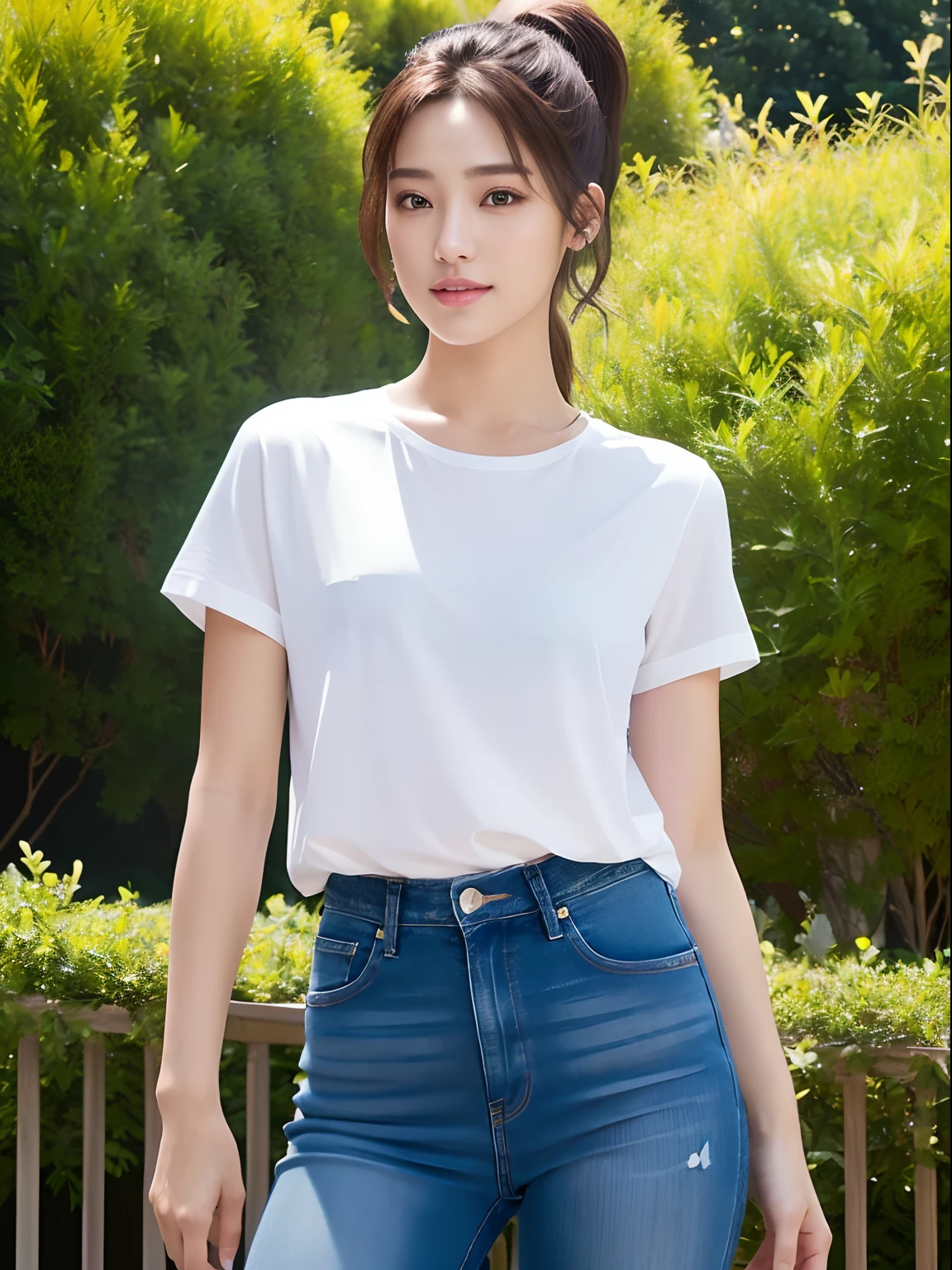 master piece,8k,(master piece,photorealistic:1.5),(master piece,ultra high resolution:1.5),(master piece,best quality,ultra detailed:1.5),
full body,beautiful girl,light smile,ponytail,jeans,t-shirt,