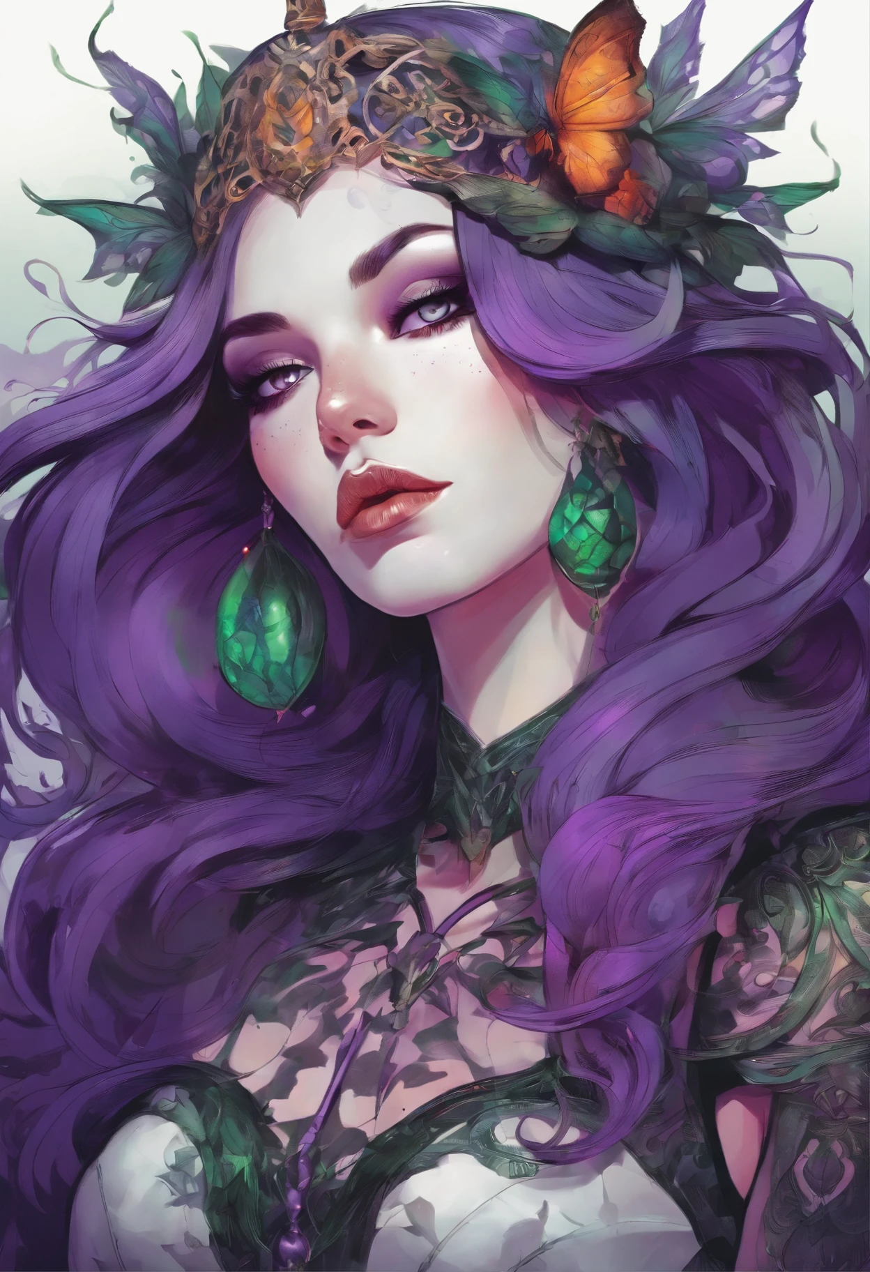 a close up of a woman in a costume with purple hair and purple glowing eyes, glowing green pumpkins, lois van baarle and rossdraws, artgerm and lois van baarle, artgerm and rossdraws, rossdraws cartoon vibrant, beautiful succubus, ross tran style, rossdraws 2. 5, inspired by Ross Tran, halloween art style, extremely detailed artgerm
