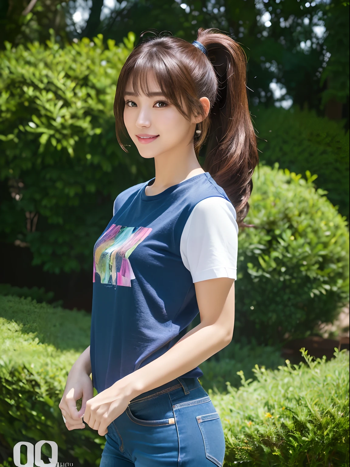 master piece,8k,(master piece,photorealistic:1.5),(master piece,ultra high resolution:1.5),(master piece,best quality,ultra detailed:1.5),
full body,beautiful girl,light smile,ponytail,jeans,t-shirt,