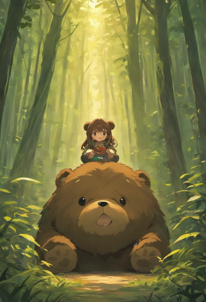 Create a realistic brown teddy bear painting, Ted Style, Handmade drawings,shadowy, In the forest with magic balls