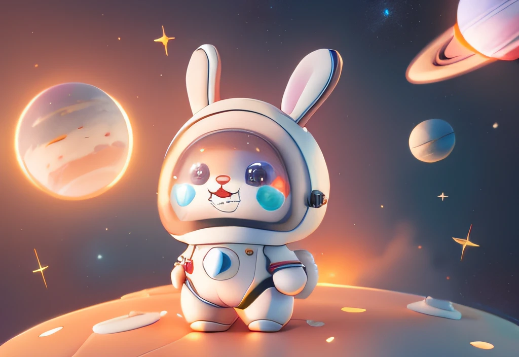 Cartoon bunny in spacesuit with planet in background, cute anthropomorphic bunny, Cute cartoon character, cute character, Cartoon Cute, rabbit robot, Cute detailed digital art, edgBunny_Character, cute astronaut sticker art, telegraph stickers design, anthropomorphic rabbit, original chibi bunny girl, lovely digital painting, high quality character design