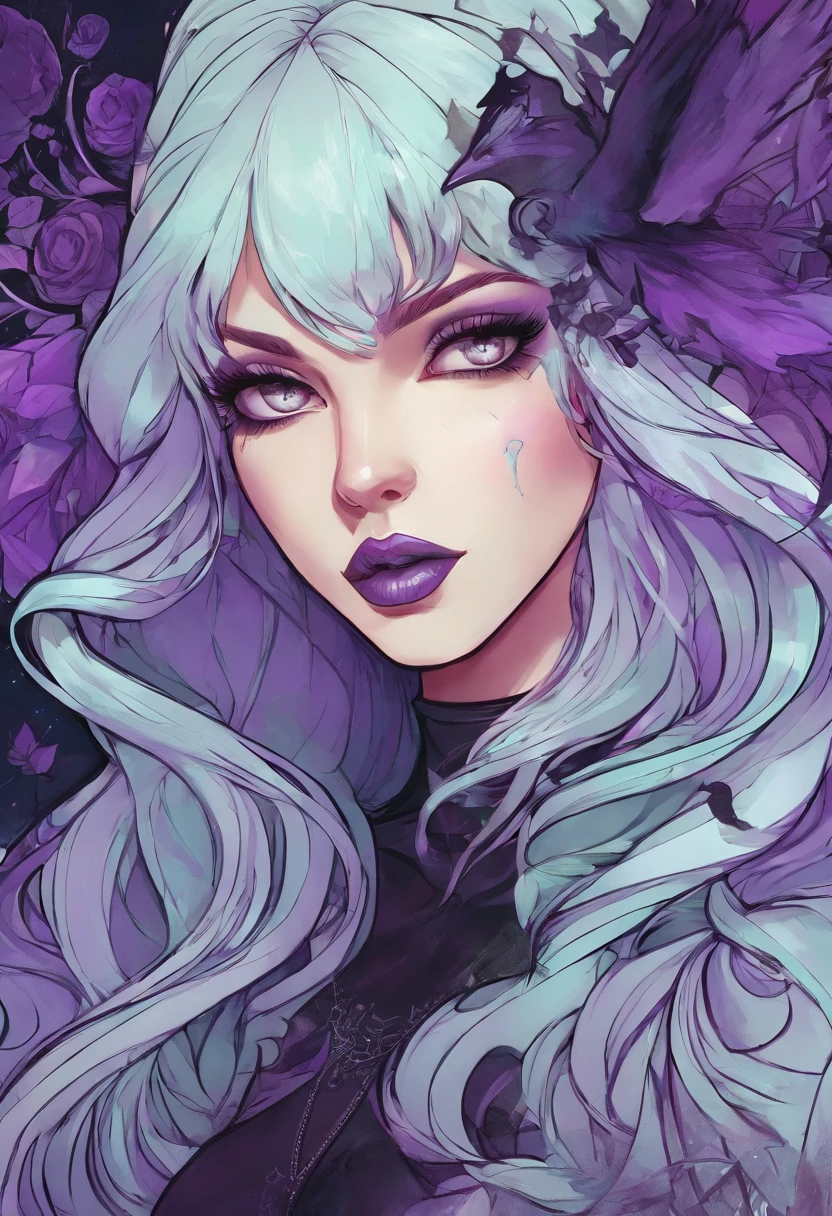 a close up of a woman in a costume with purple hair and purple glowing eyes, glowing green pumpkins, lois van baarle and rossdraws, artgerm and lois van baarle, artgerm and rossdraws, rossdraws cartoon vibrant, beautiful succubus, ross tran style, rossdraws 2. 5, inspired by Ross Tran, halloween art style, extremely detailed artgerm