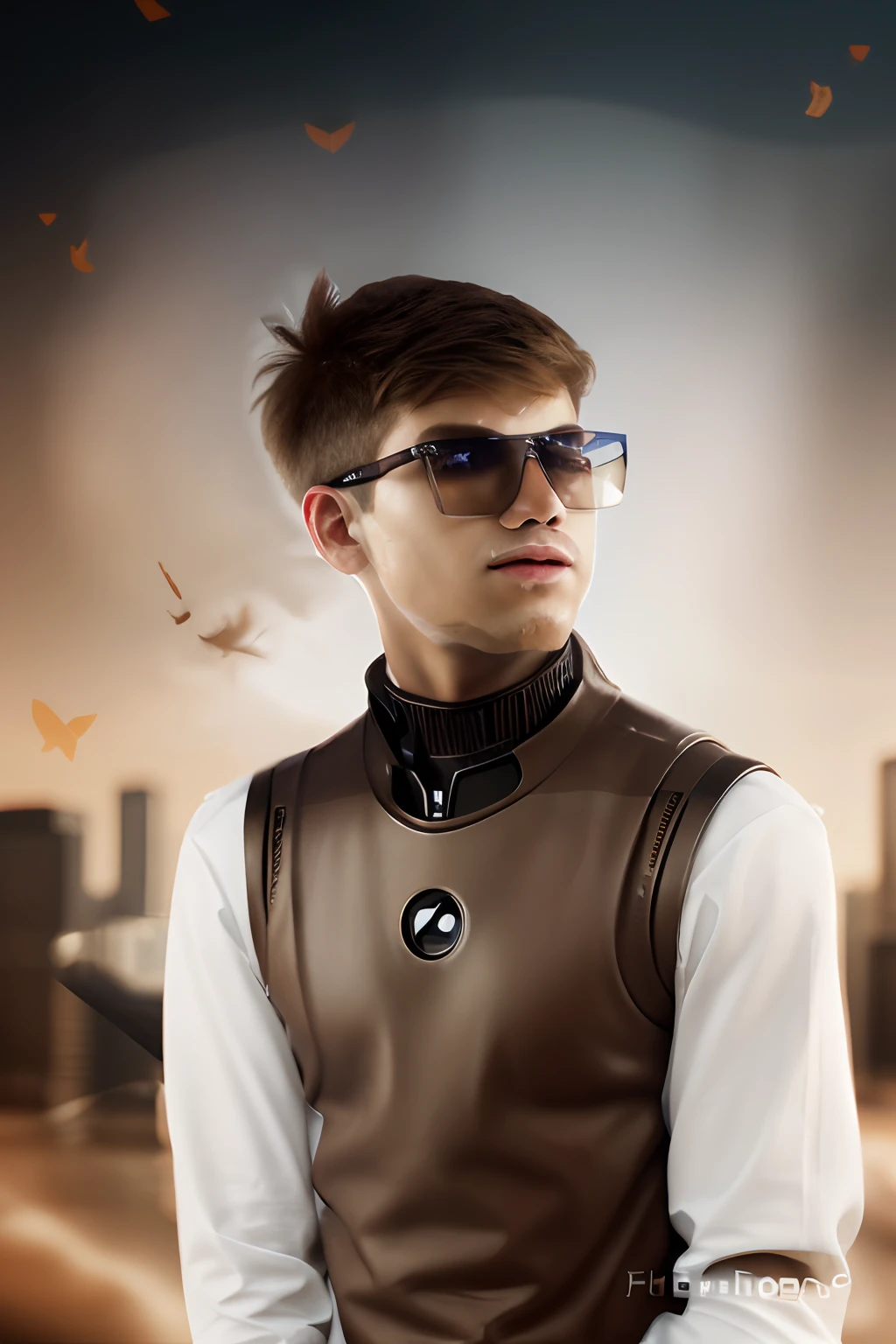 Boy with coffee futuristic background c realistic face
