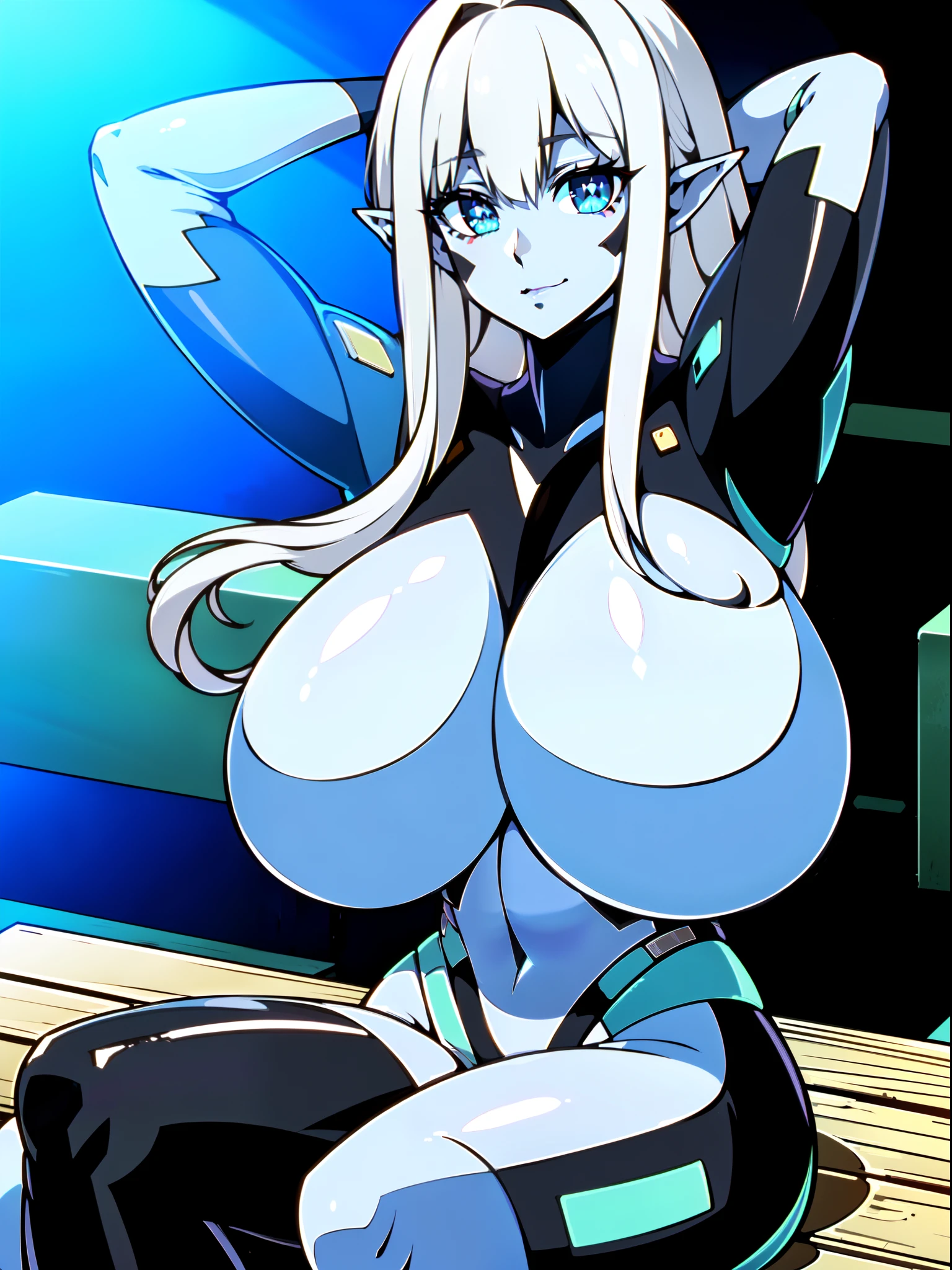 masterpiece, best quality, extremely detailed, 1girl, mature female, solo, lady j, (white skin:1.8), (gigantic breasts:1.4), (((white hair, long hair, bangs, blue eyes, slit pupils, pointy ears))), parted lips, (((fortified_suit, blue plugsuit))), naughty smile, (closed mouth), ((arms behind head, sitting on the bench, dystopian city))