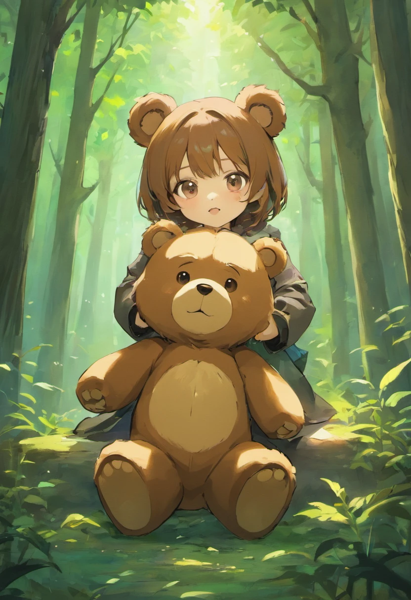 Create a realistic brown teddy bear painting, Ted Style, Handmade drawings,shadowy, In the forest with magic balls、Children of Teddy Bears