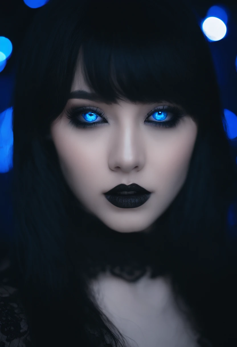 Close up portrait of woman with long black hair and blue eyes, cruel korean goth girl, with glowing blue lights, Goth girl aesthetics, with blue hair, with blue skin, 1 7 - - old h girl, anime vibes, she has pale blue skin!!!, profile photo, Wearing goth makeup, ulzzangs, with glowing red eyes、Underwear、huge tit、魅惑的、seductiv、Like a gravure idol