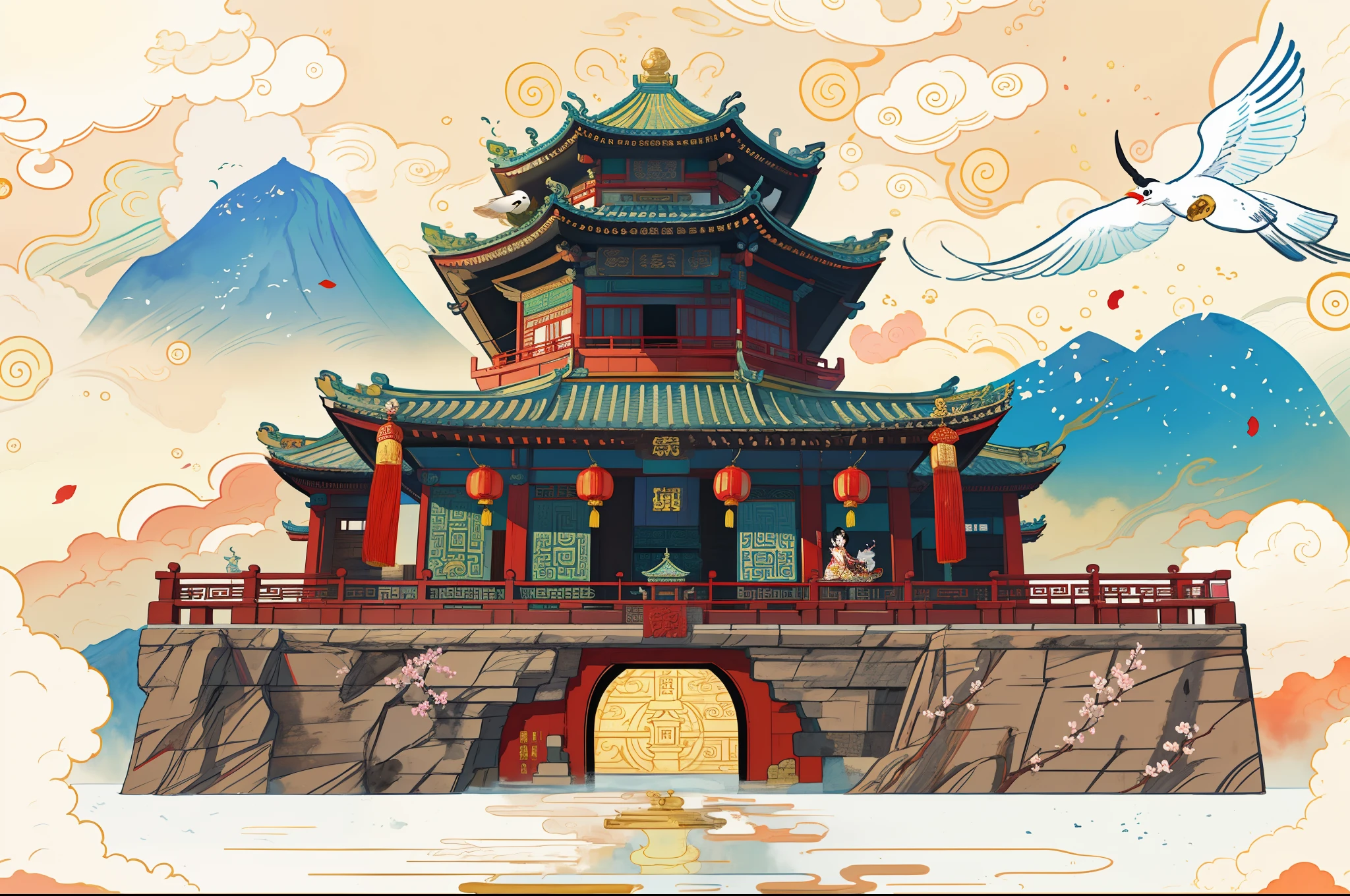 There is a photo of a Chinese landscape，There are a lot of flowers in it, Temple background, Chinese-style windows，A bird in fly，background depicting a temple, digital painting of a pagoda, Chinese watercolor style, palace background, fairy tale style background, palace floating in heaven, Zen temple background, flying cloud castle, A beautiful artwork illustration, jellyfish temple, Japanese art style, scenery art detailed, cyberpunk chinese ancient castle